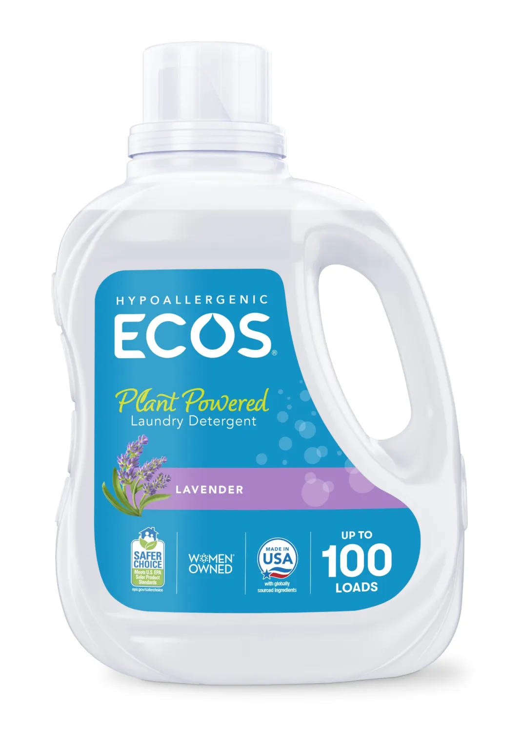 ECOS Laundry Detergent Liquid, 100 Loads - Dermatologist Tested Laundry Soap - Hypoallergenic, EPA Safer Choice Certified, Plant-Powered - Lavender, 100 Fl Oz