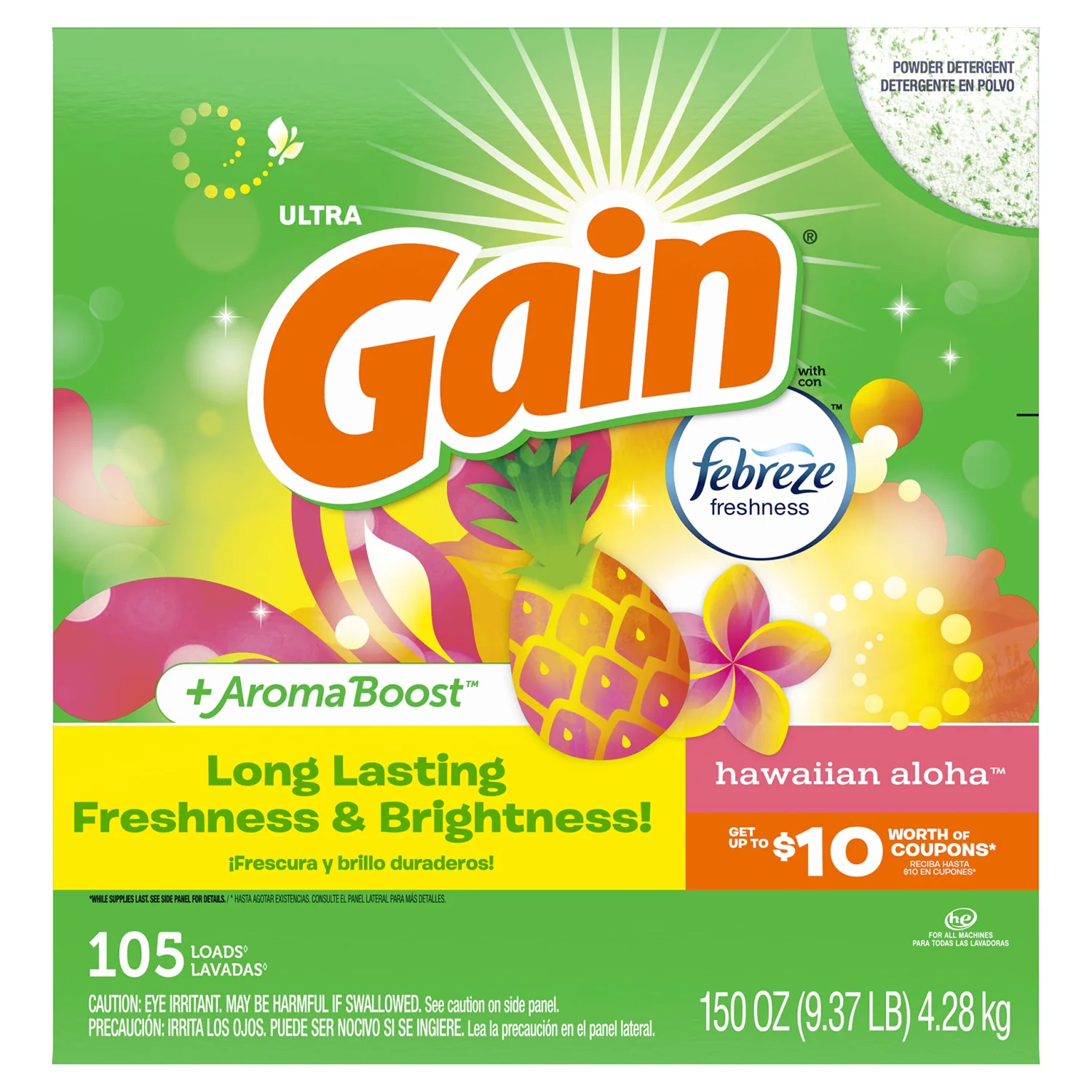 Gain Powder Laundry Detergent for Regular and HE Washers, Hawaiian Aloha Scent, 150 ounces, 105 loads