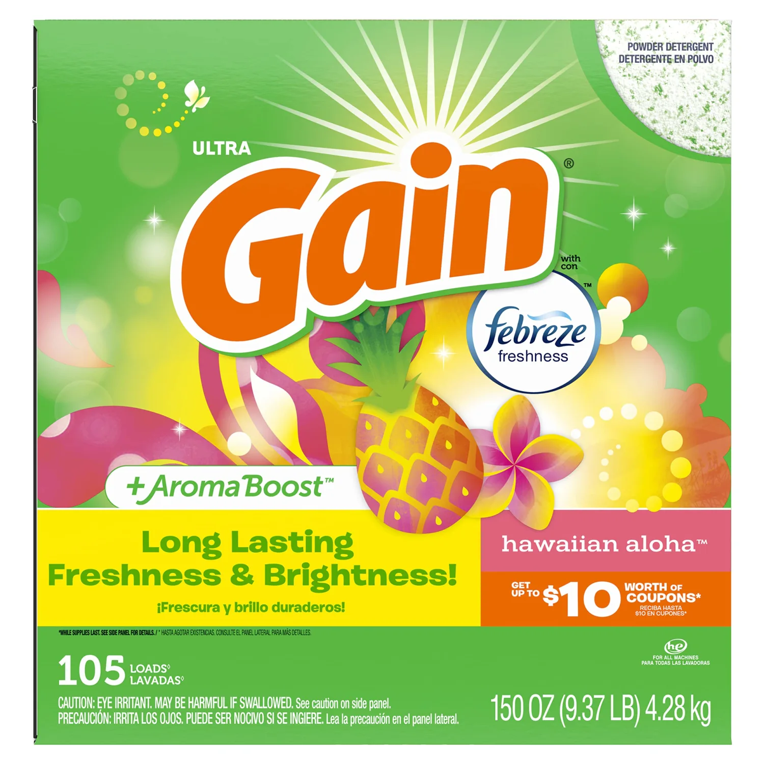 Gain Powder Laundry Detergent for Regular and HE Washers, Hawaiian Aloha Scent, 150 ounces, 105 loads