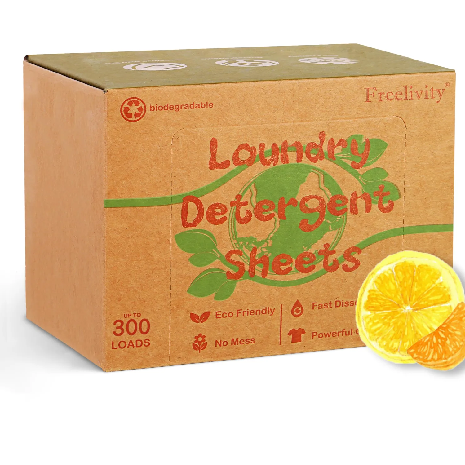 Freelivity Laundry Detergent Sheets, 300 Sheets Lemon Orange - Eco-Friendly Hypoallergenic Plastic-Free LiquidLess Clothes Washing Detergent Supplies for Save Space Travel Camping