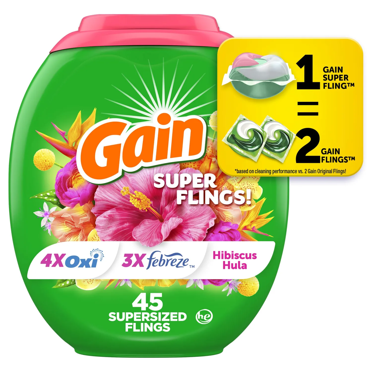Gain Super Sized Flings Laundry Detergent Pacs with Hibiscus Hula Scent, Powerful Cleaning for Lasting Freshness, HE Compatible, 45 Count, Gain Laundry Detergent Pods