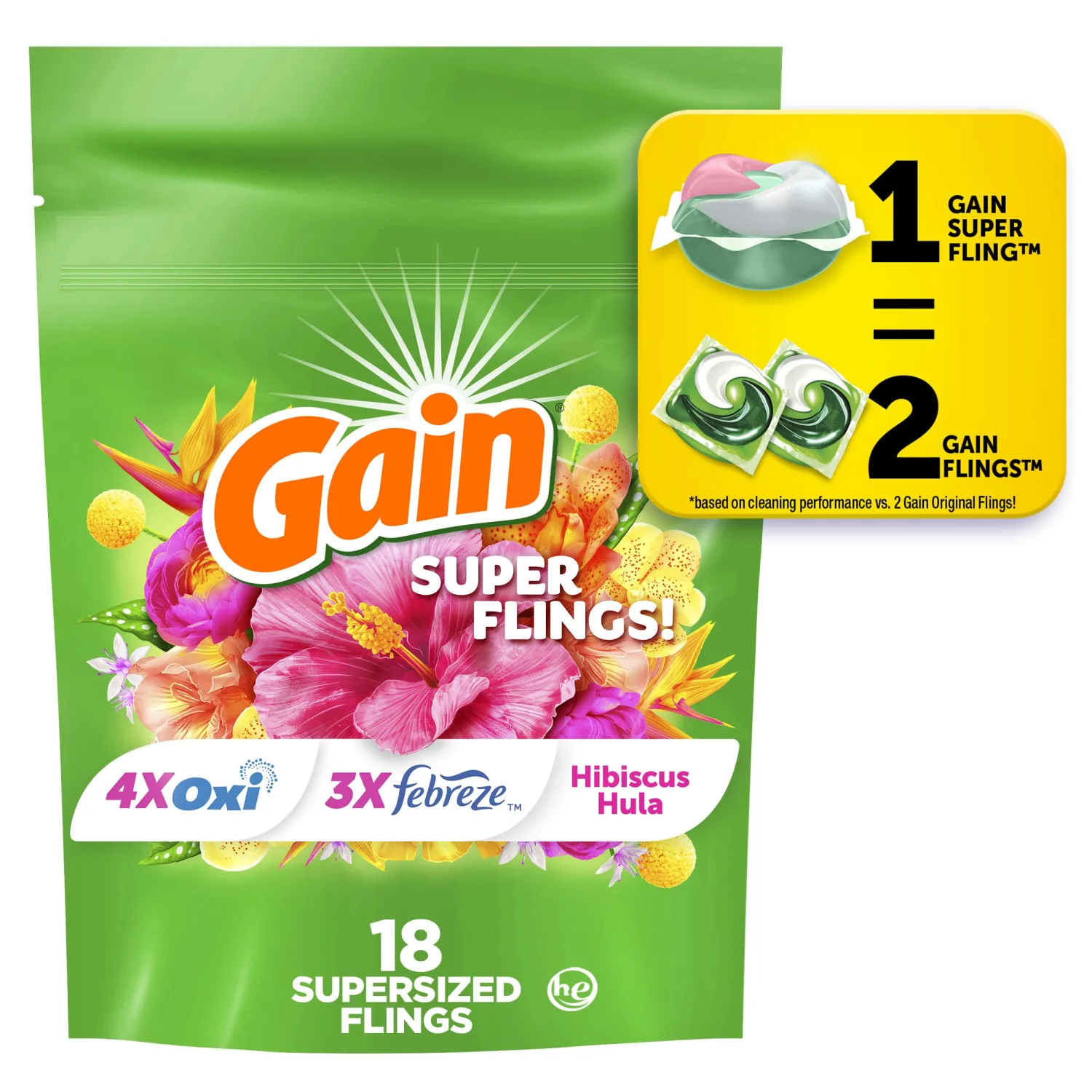 Gain Super Sized Flings Laundry Detergent Pacs, 18 Count, Hibiscus Hula Scent