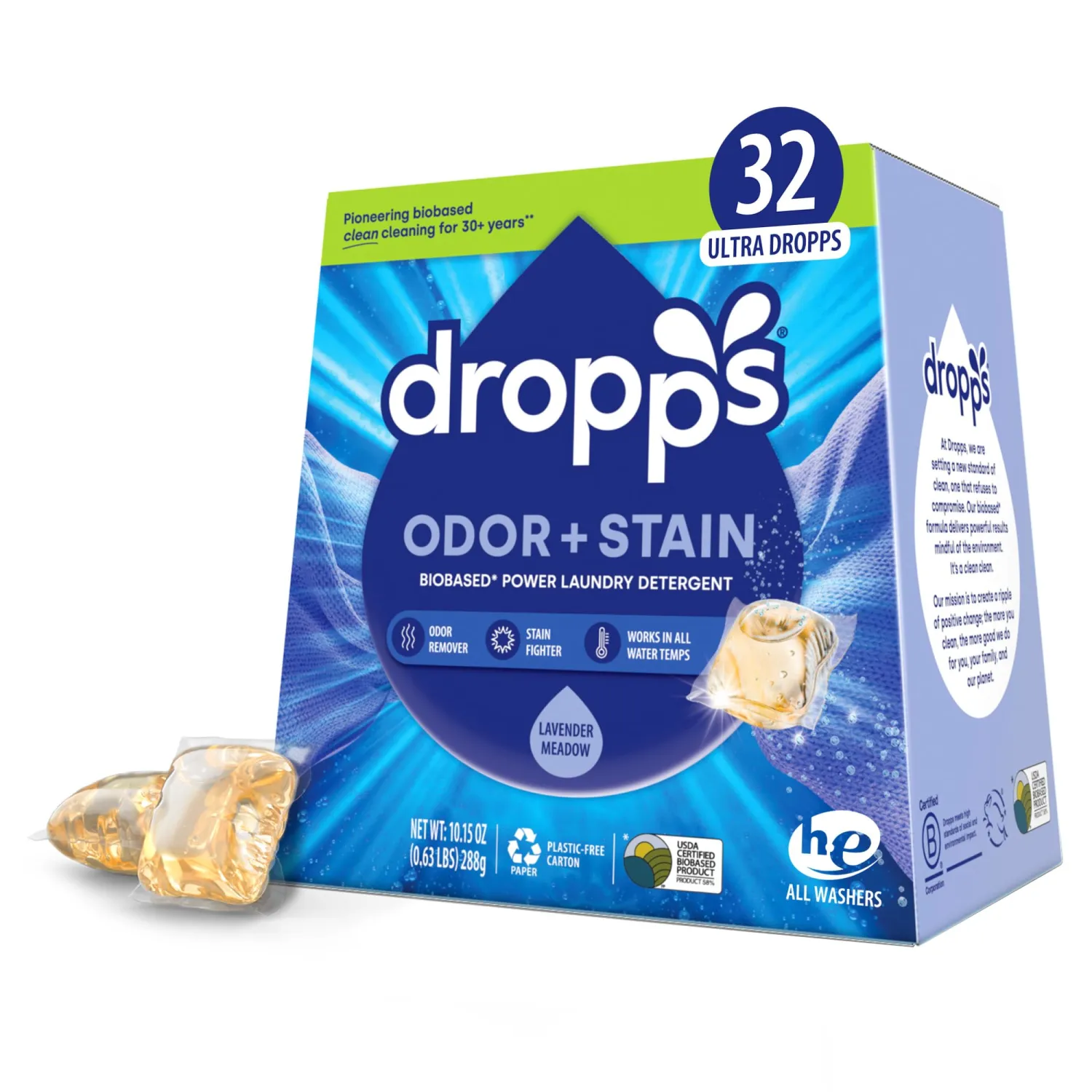Dropps Odor & Stain Biobased Power Laundry Detergent Pods, Lavender Meadow (32 Count) - HE Compatible Laundry Pods for Fresh Clothes - Washing Detergent Soap Supplies & Recyclable Packaging