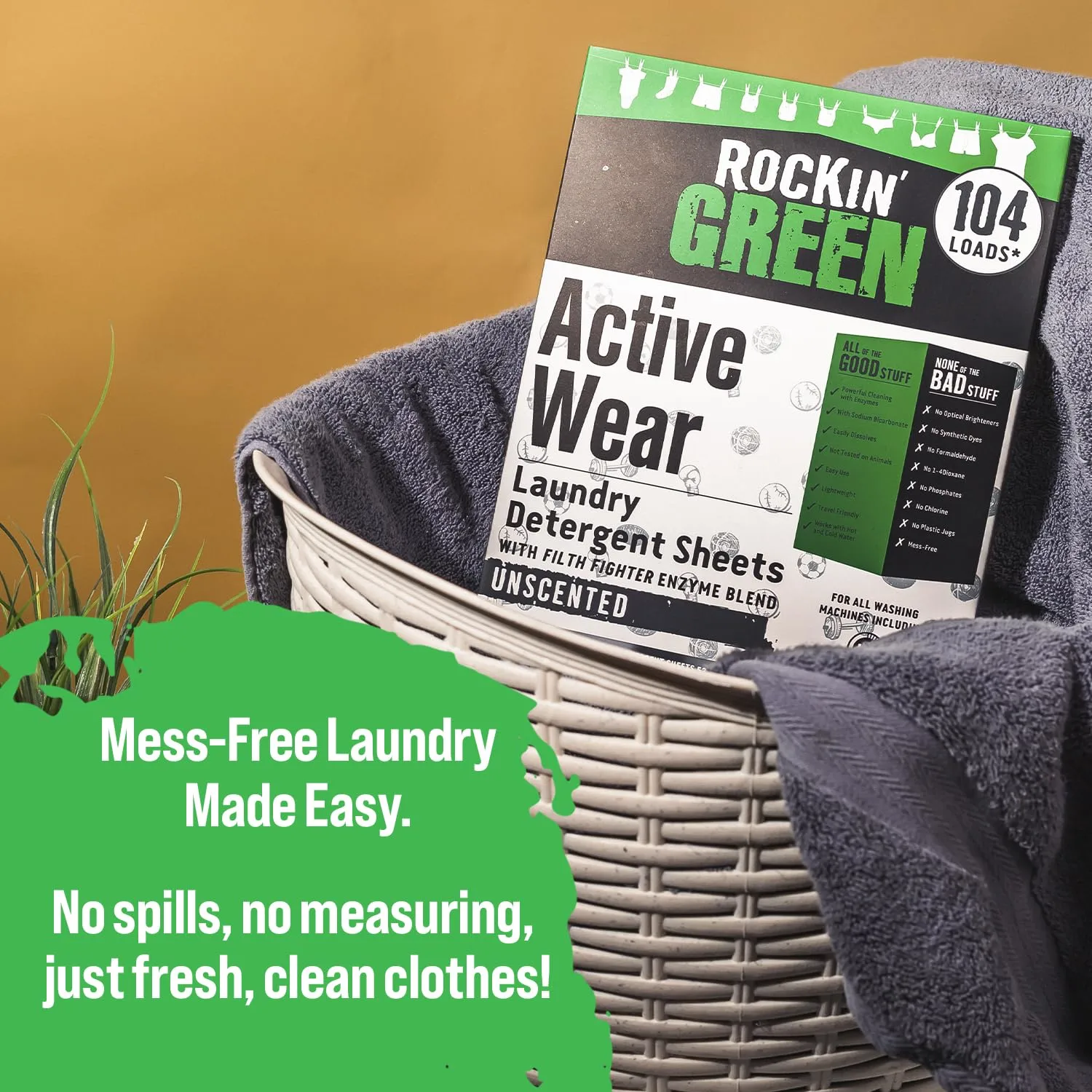 Rockin' Green Active Wear Travel Laundry Detergent Sheets Unscented - Mess-Free Laundry Sheets Detergent with Sodium Bicarbonate - Easily Dissolvable Laundry Soap for Traveling (104 Loads)