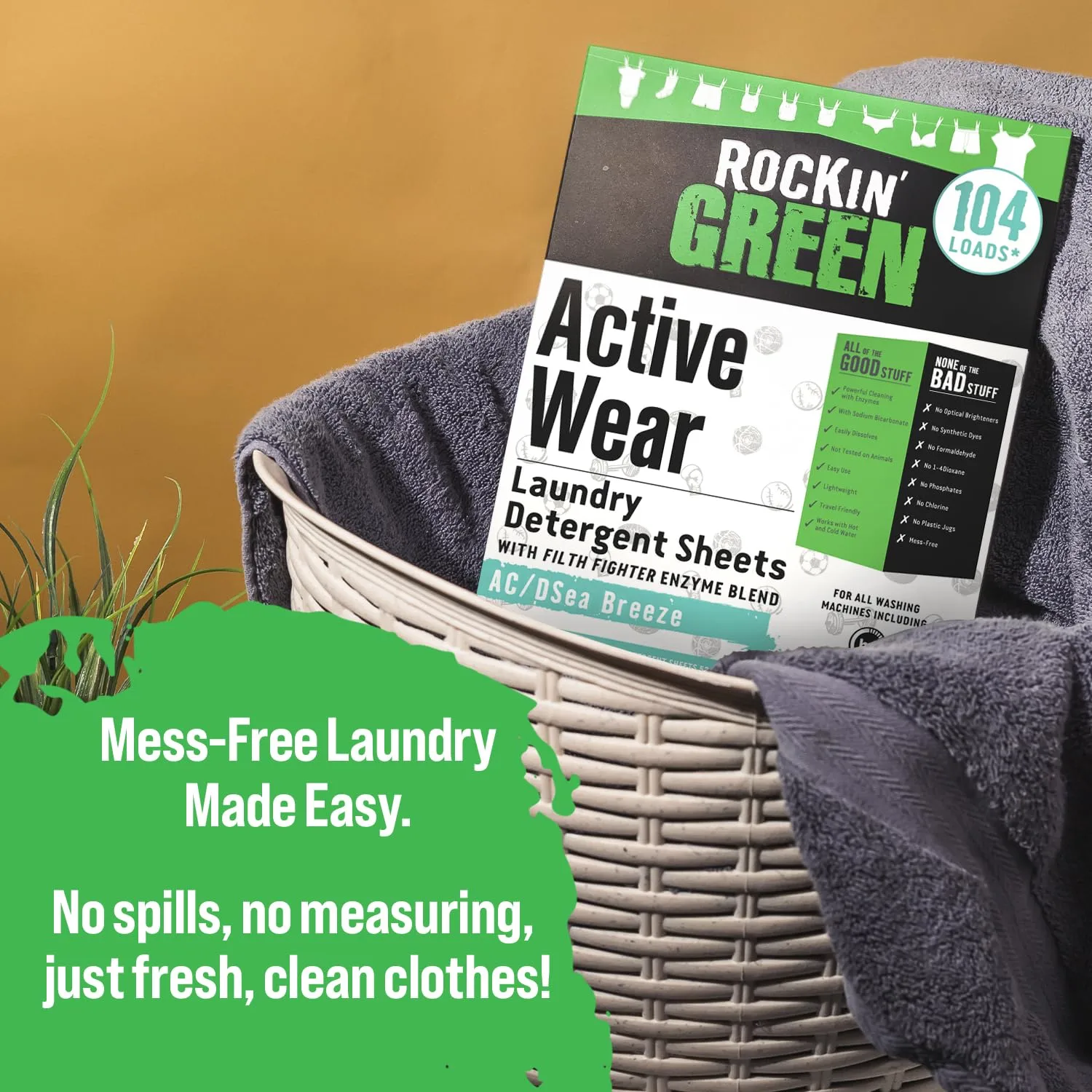 Rockin' Green Active Wear Travel Laundry Detergent Sheets - Mess-Free Laundry Sheet Detergent with Sodium Bicarbonate - Easily Dissolvable Laundry Soap Sheets (104 Loads, AC/DSea Breeze)