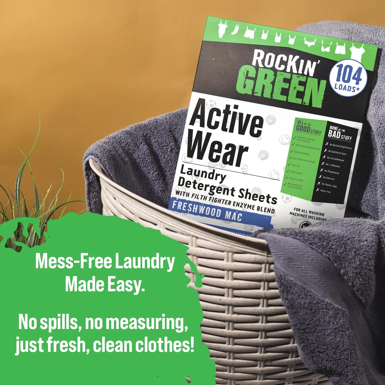 Rockin' Green Active Wear Travel Laundry Detergent Sheets - Mess-Free Laundry Sheet Detergent with Sodium Bicarbonate - Easily Dissolvable Laundry Soap Sheets (104 Loads, Freshwood Mac)