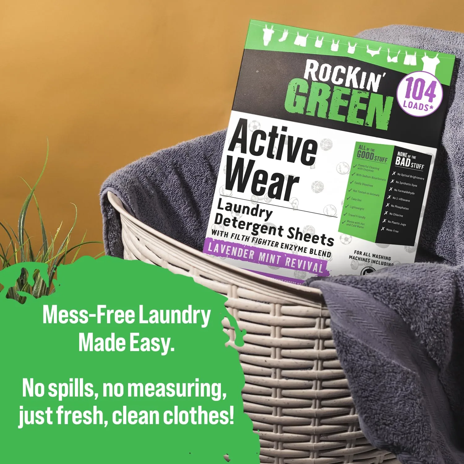 Rockin' Green Active Wear Travel Laundry Detergent Sheets - Mess-Free Laundry Sheet Detergent with Sodium Bicarbonate - Easily Dissolvable Laundry Soap Sheets (104 Loads, Lavender Mint Revival)