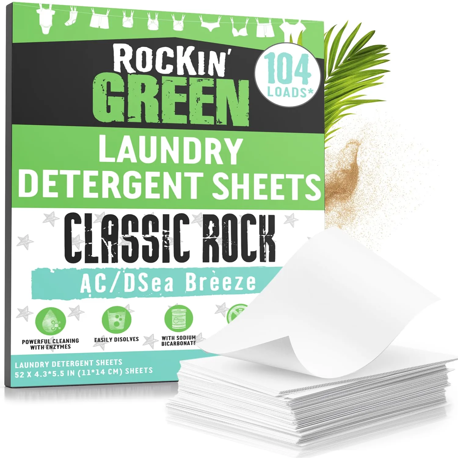 Rockin' Green Travel Laundry Detergent Sheets - Mess-Free Laundry Sheets Detergent Powerful Cleaning with Sodium Bicarbonate - Easily Dissolvable Laundry Soap Sheet (104 Loads, AC/DSea Breeze)