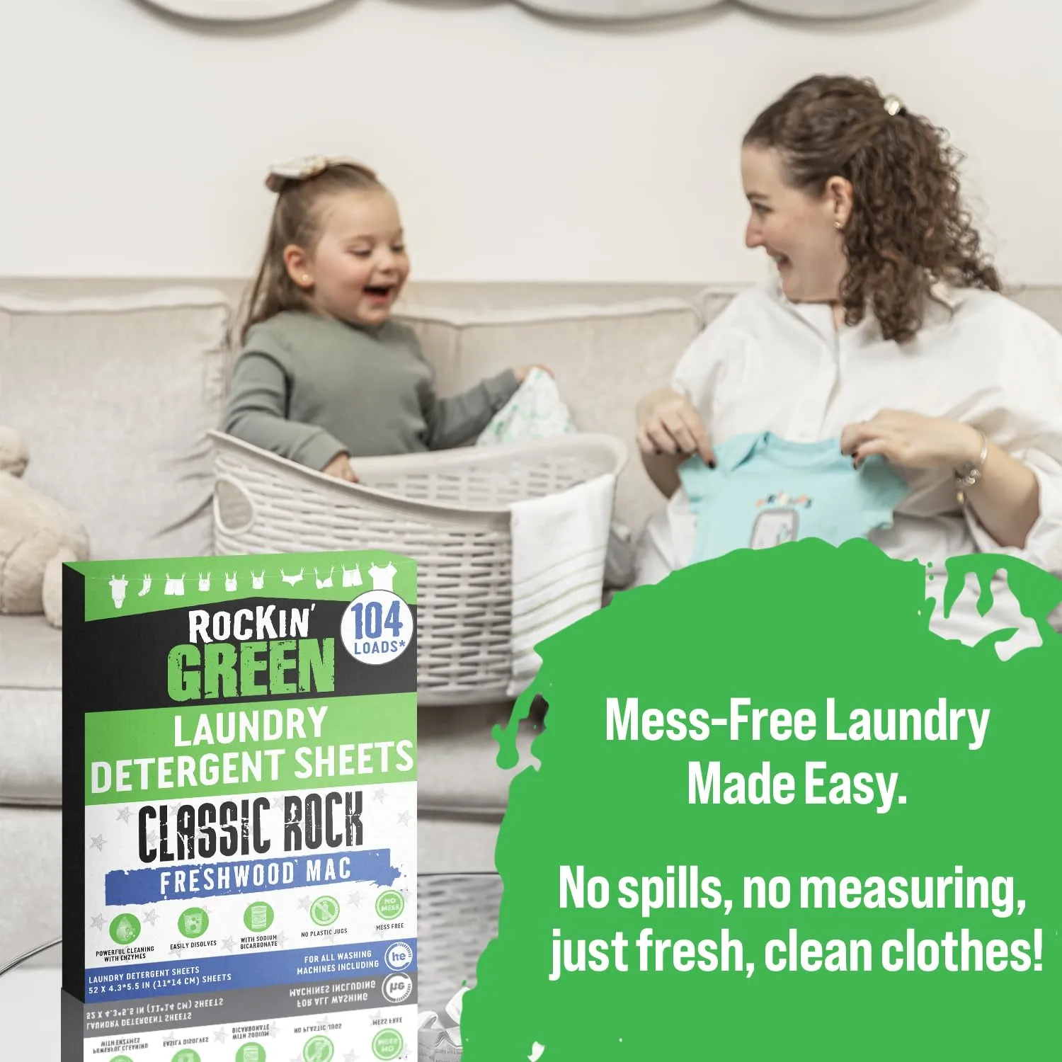 Rockin' Green Travel Laundry Detergent Sheets - Mess-Free Laundry Sheets Detergent Powerful Cleaning with Sodium Bicarbonate - Easily Dissolvable Laundry Soap Sheet (104 Loads, Freshwood Mac)