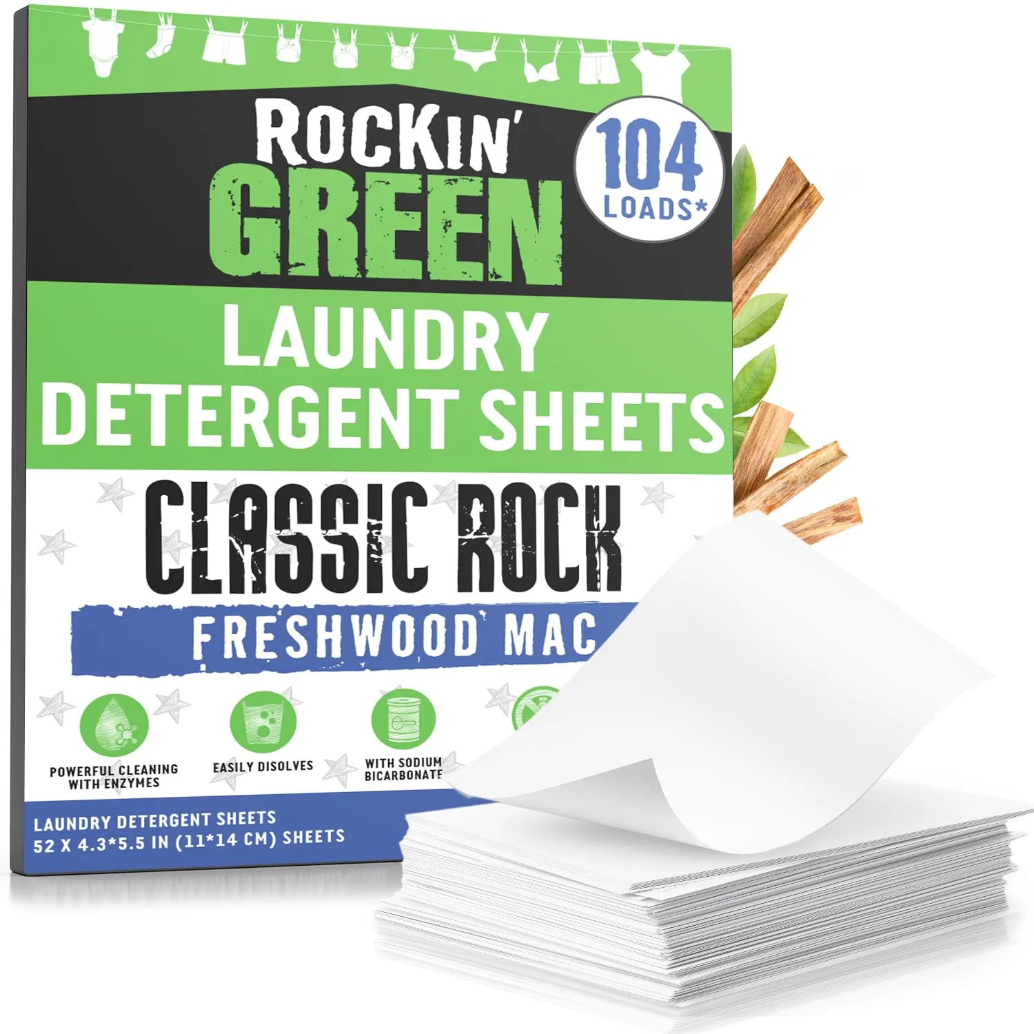 Rockin' Green Travel Laundry Detergent Sheets - Mess-Free Laundry Sheets Detergent Powerful Cleaning with Sodium Bicarbonate - Easily Dissolvable Laundry Soap Sheet (104 Loads, Freshwood Mac)