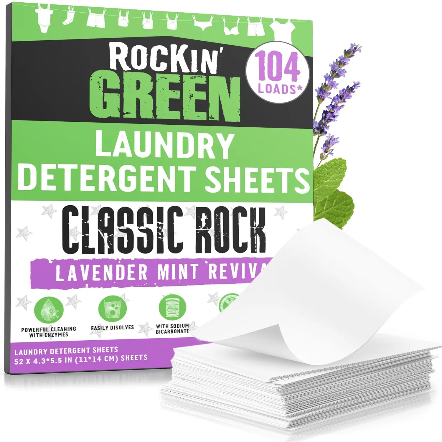 Rockin' Green Travel Laundry Detergent Sheets - Mess-Free Laundry Sheets Detergent Powerful Cleaning with Sodium Bicarbonate - Easily Dissolvable Laundry Soap Sheet (104 Loads, Lavender Mint Revival)