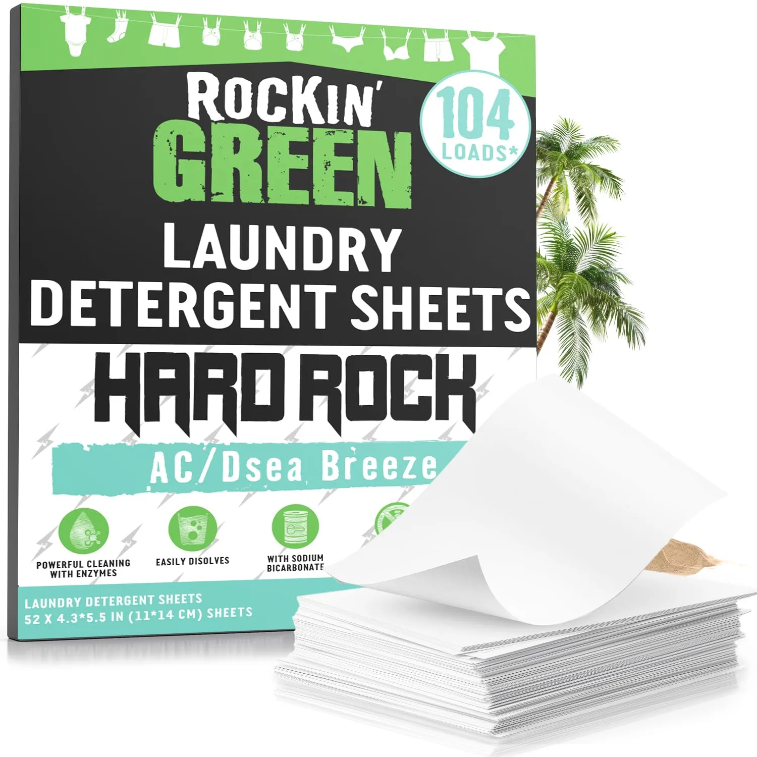 Rockin' Green Hard Rock Travel Laundry Detergent Sheets for Hard Water - Mess-Free Laundry Sheet Detergent with Sodium Bicarbonate - Easily Dissolvable Laundry Soap Sheets (104 Loads, AC/DSea Breeze)