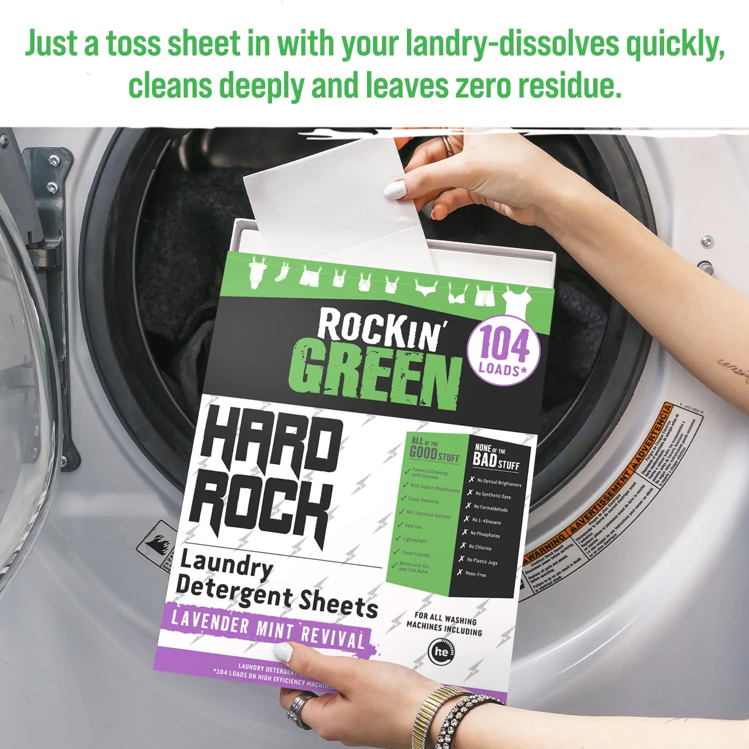 Rockin' Green Hard Rock Travel Laundry Detergent Sheets for Hard Water - Mess-Free Laundry Sheet Detergent with Sodium Bicarbonate - Easily Dissolvable Laundry Soap Sheets (104 Loads, Lavender Mint)