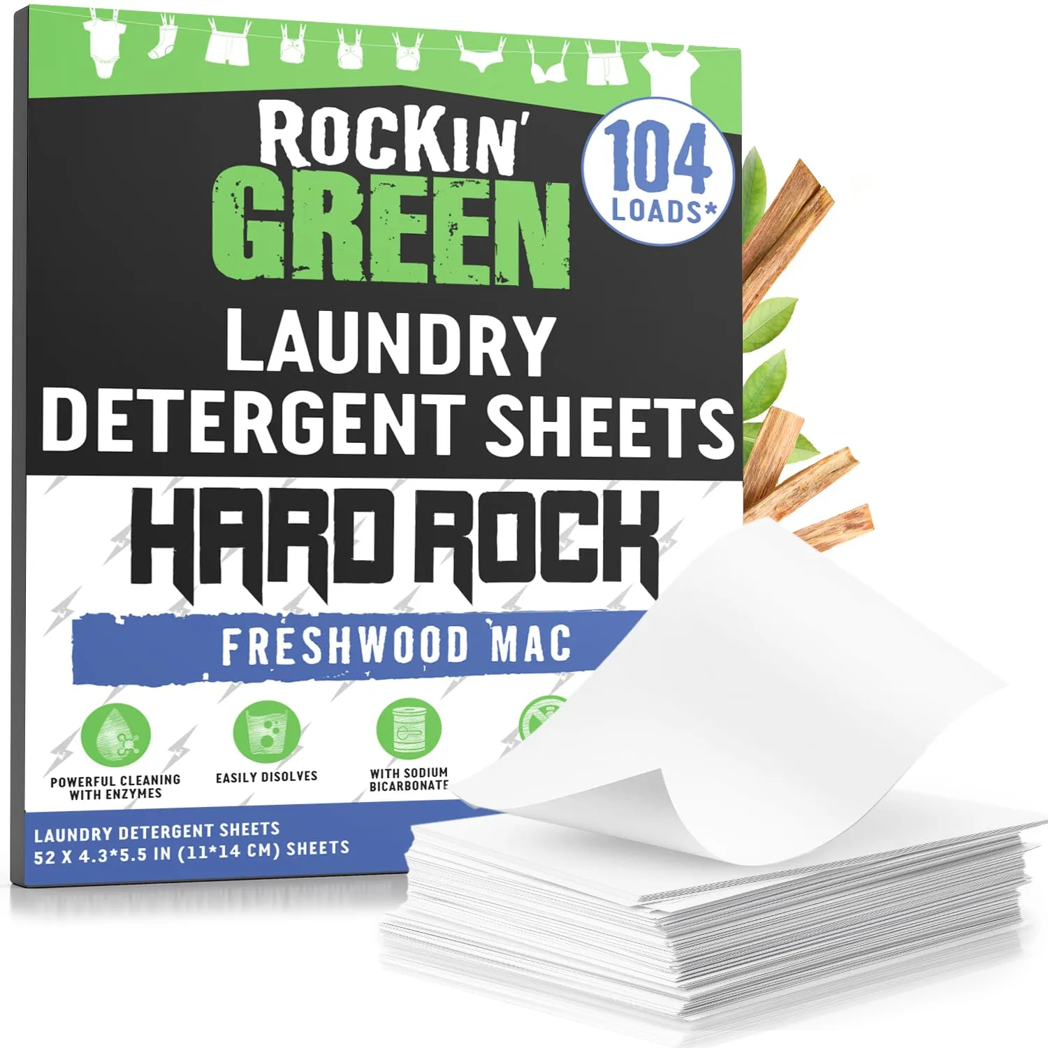 Rockin' Green Hard Rock Travel Laundry Detergent Sheets for Hard Water - Mess-Free Laundry Sheet Detergent with Sodium Bicarbonate - Easily Dissolvable Laundry Soap Sheets (104 Loads, Freshwood Mac)