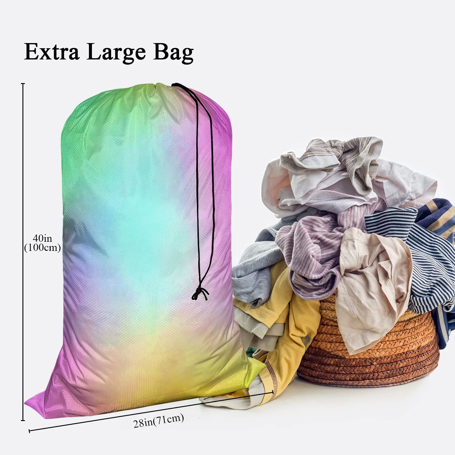 Swono Watercolor Rainbow Extra Large Huge Heavy Duty Oxford Cloth Laundry Storage Bag with Drawstring Closure, Clouds Beautiful Dye Gradient Art Laundry Bag, Machine Washable, Colorful