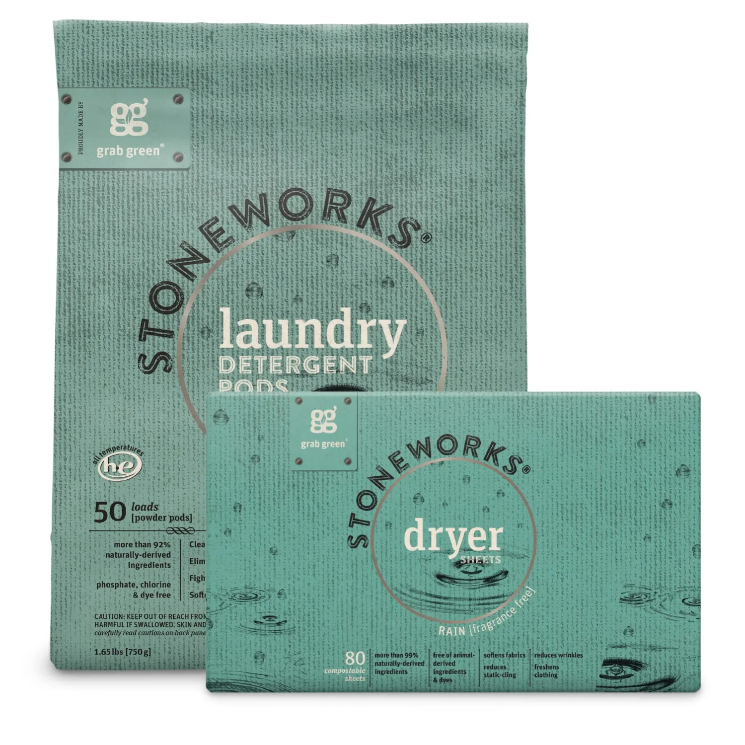 Grab Green Stoneworks Laundry Detergent Pods and Dryer Sheet Bundle, 50 Count Pods and 80 Dryer Sheets, Fragrance Free Rain Scent, Plant and Mineral Based Laundry Care Set