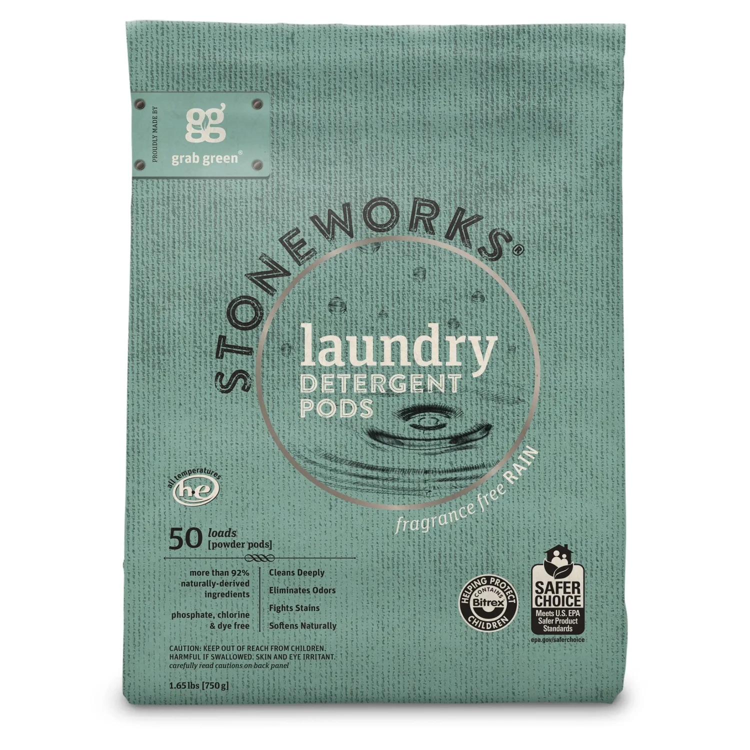 Grab Green Stoneworks Laundry Detergent Pods and Dryer Sheet Bundle, 50 Count Pods and 80 Dryer Sheets, Fragrance Free Rain Scent, Plant and Mineral Based Laundry Care Set
