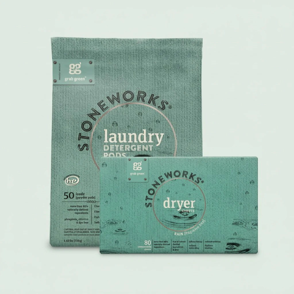 Grab Green Stoneworks Laundry Detergent Pods and Dryer Sheet Bundle, 50 Count Pods and 80 Dryer Sheets, Fragrance Free Rain Scent, Plant and Mineral Based Laundry Care Set