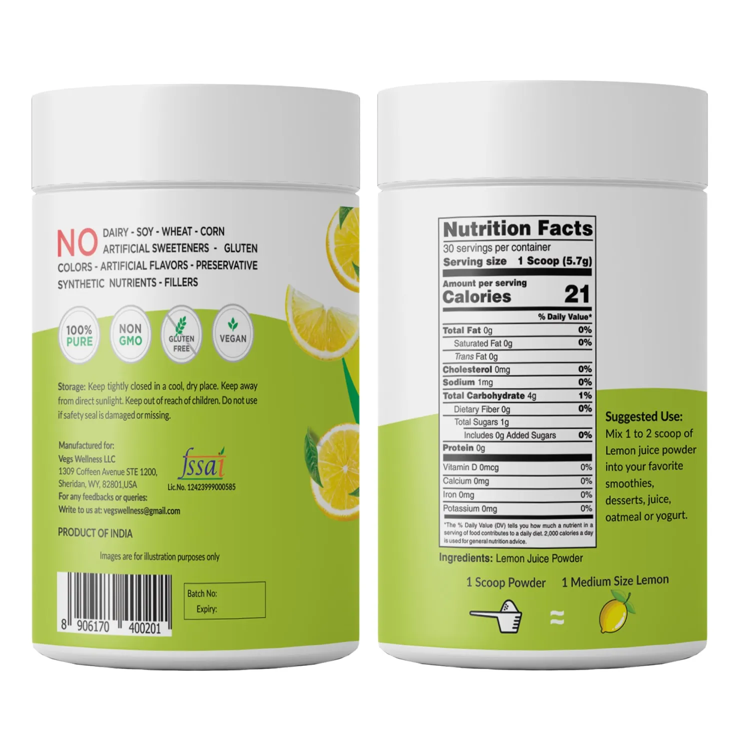 Vegs Lemon Juice Powder - Freeze Dried & Powdered Juice - 100% Pure True Natural Lemon Powder Flavoring for Drinks, Cooking, Baking - Sugar free, Vegan, Non-GMO - 6 Oz