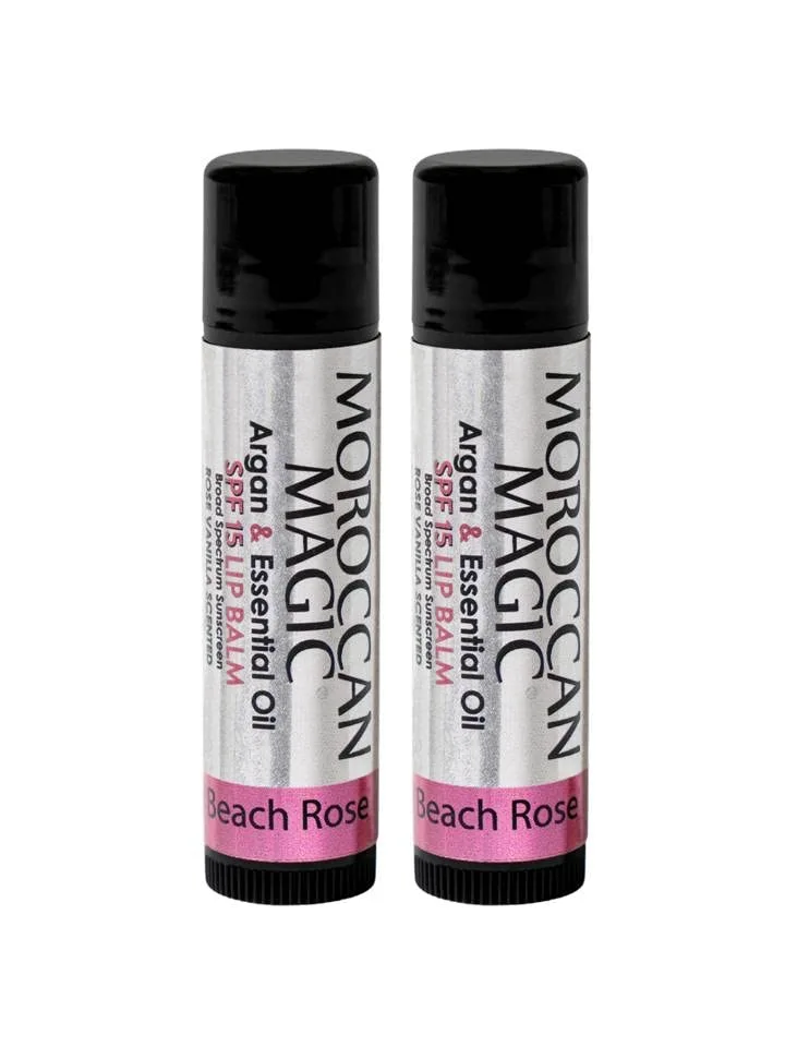 Moroccan Magic Beach Rose SPF 15 Lip Balm - Rose Vanilla | Argan Oil & Essential Oils | Family Owned | Cruelty Free | 2 Pack