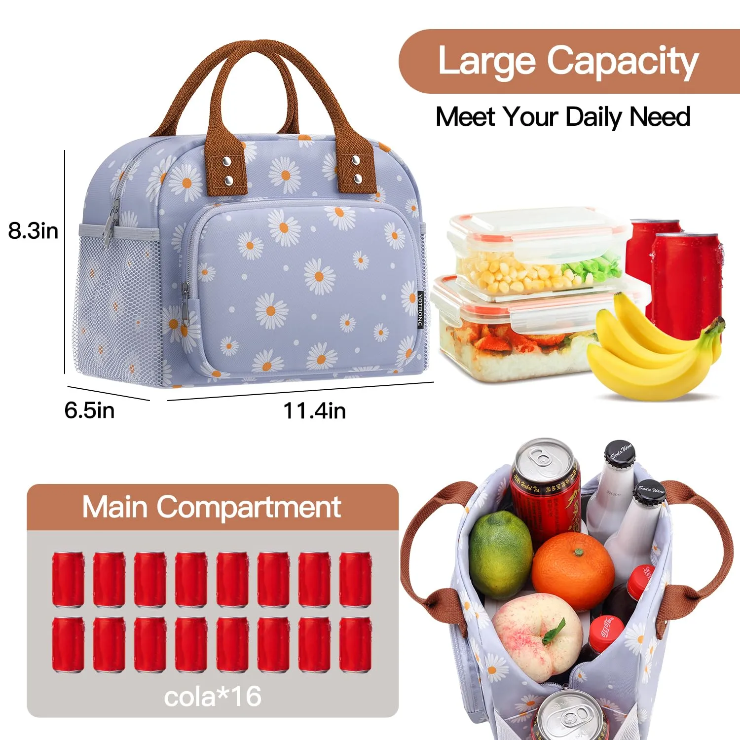 Lunch Bag for Women, Insulated Lunch Box for Women Men Work Adult, Cute Lunch Tote Large Capacity Reusable Cooler Containers for Picnic Travel Office or Beach (Blue Daisy)