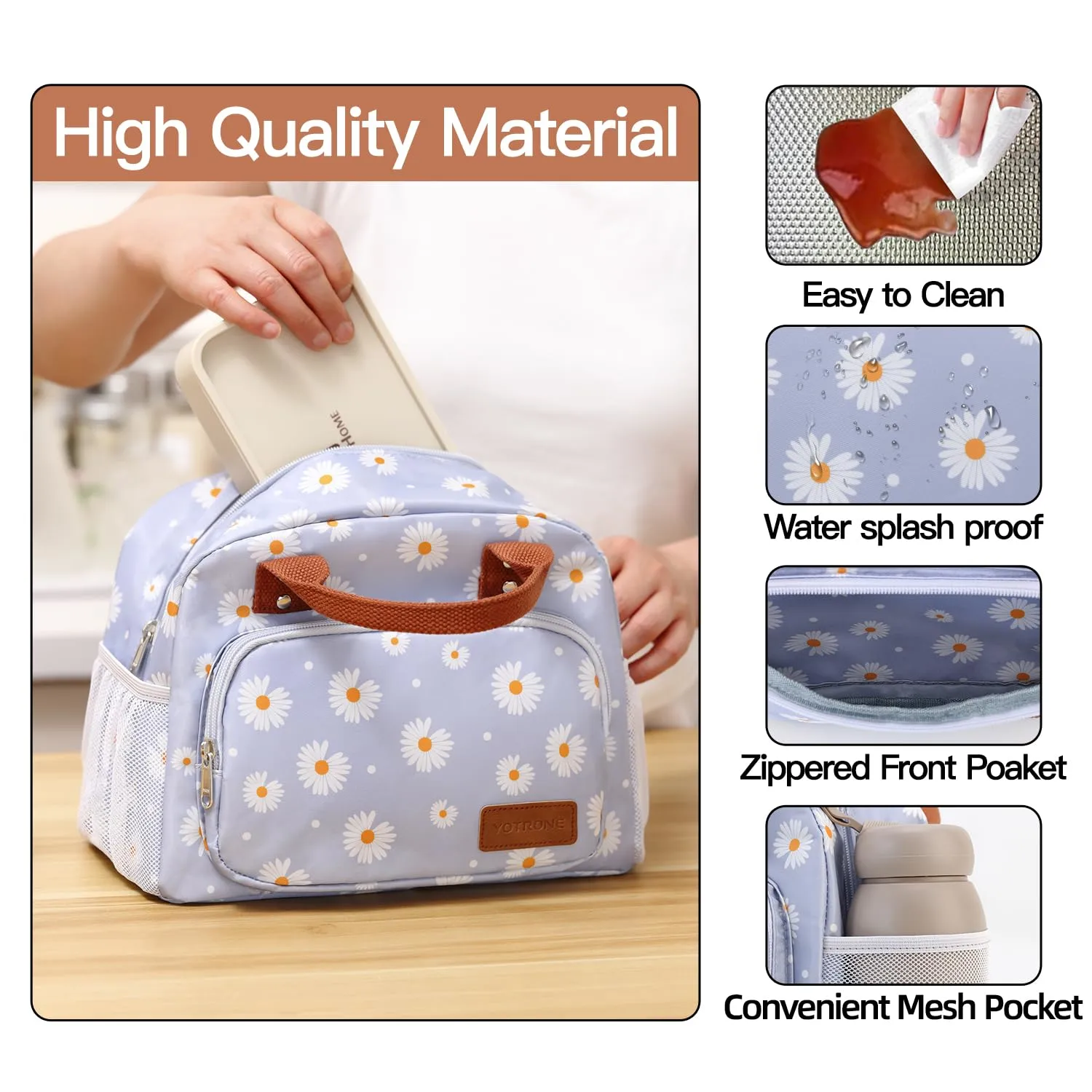 Lunch Bag for Women, Insulated Lunch Box for Women Men Work Adult, Cute Lunch Tote Large Capacity Reusable Cooler Containers for Picnic Travel Office or Beach (Blue Daisy)
