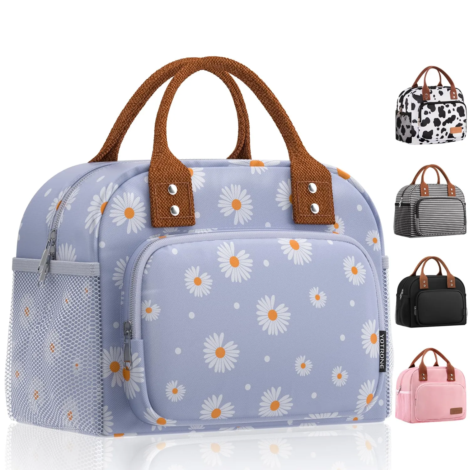 Lunch Bag for Women, Insulated Lunch Box for Women Men Work Adult, Cute Lunch Tote Large Capacity Reusable Cooler Containers for Picnic Travel Office or Beach (Blue Daisy)