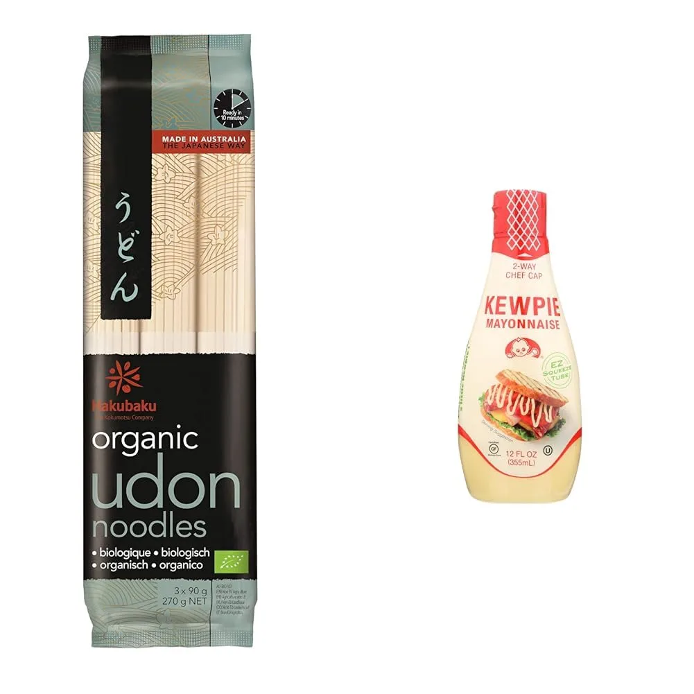 Hakubaku Organic Udon Wheat Noodle (1 x 9.5 OZ) with Kewpie Squeeze Tube Mayonnaise (12 Oz) Japanese Noodle & Mayo Bundle
