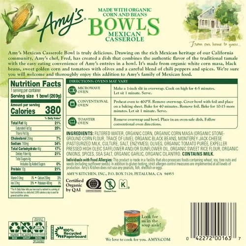 Amy's Frozen Meals, Mexican Casserole, Made With Organic Corn and Beans, Gluten Free Microwave Meals, 9.5 Oz