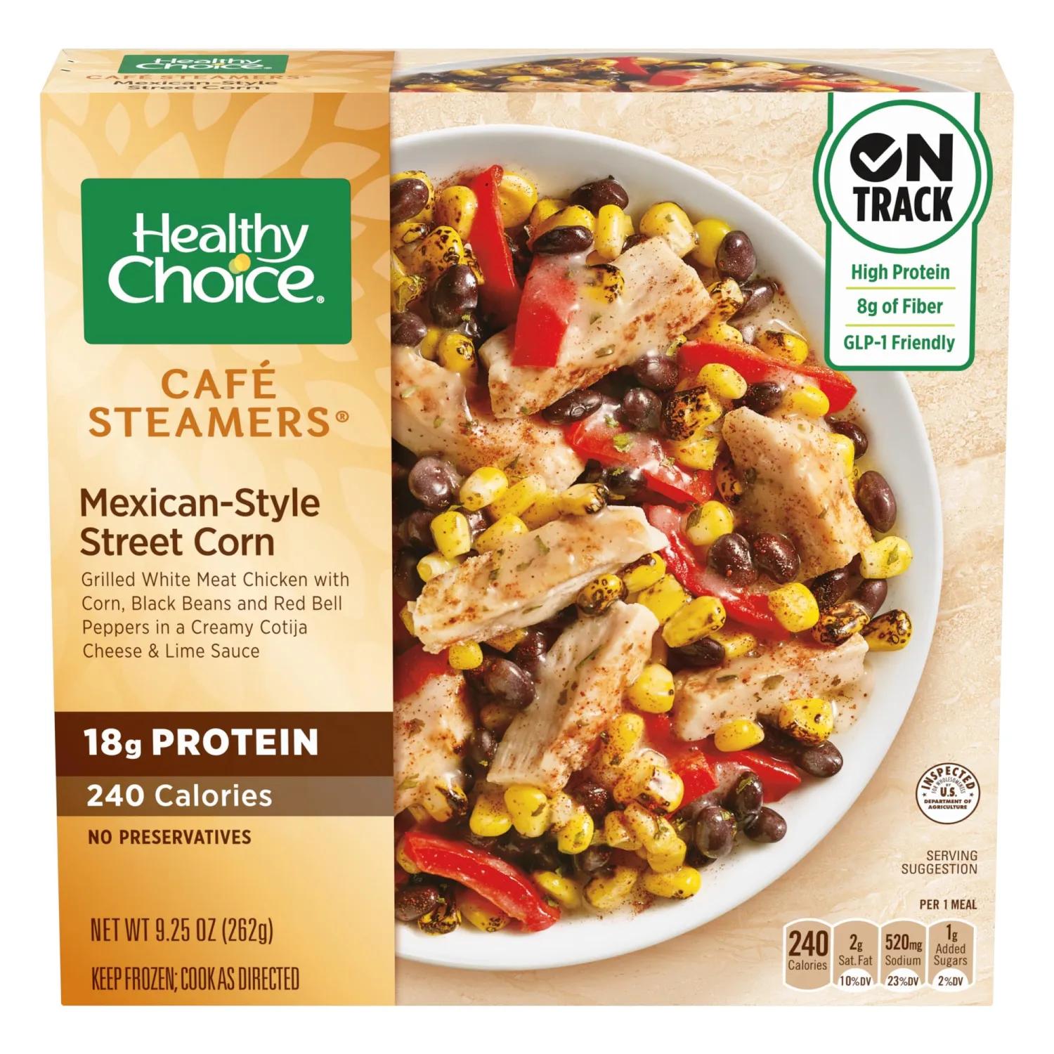 Cafe Steamers Mexican-Style Street Corn and Chicken, Convenient Microwave Meal Made With No Preservatives, Frozen Meal, 9.25 OZ Bowl