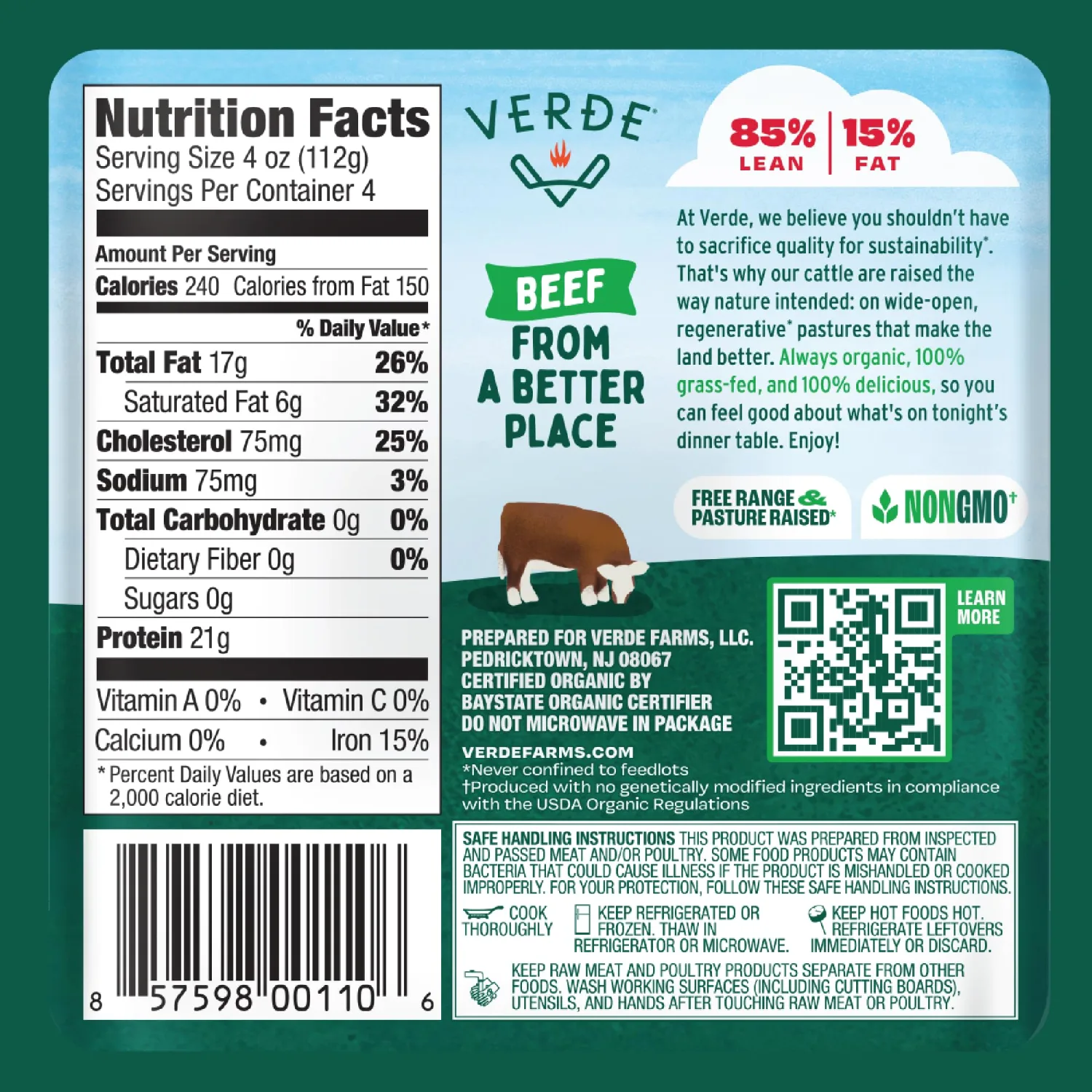 Verde Farms, Ground Beef 85% Lean/15% Fat, Organic, Grass-Fed, 1 lb