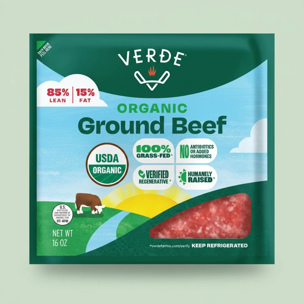 Verde Farms, Ground Beef 85% Lean/15% Fat, Organic, Grass-Fed, 1 lb