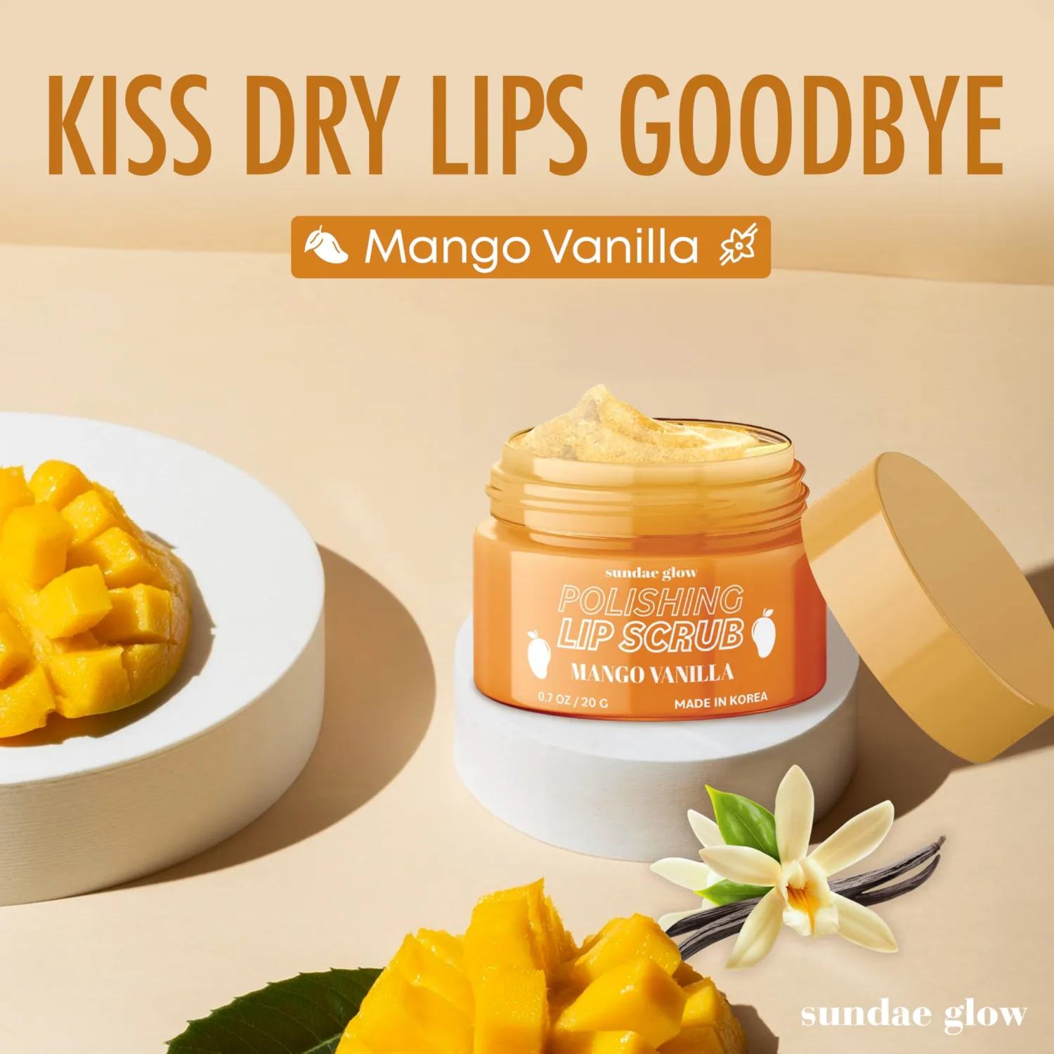 Mango Vanilla Lip Scrub - Dermatologist Tested, Anti-Aging, Korean Skin Care, Deep Exfoliation & Hydration - Smooth, Soft, Plump Lips - Clean Beauty, Vegan, Non-GMO - 1 Pack