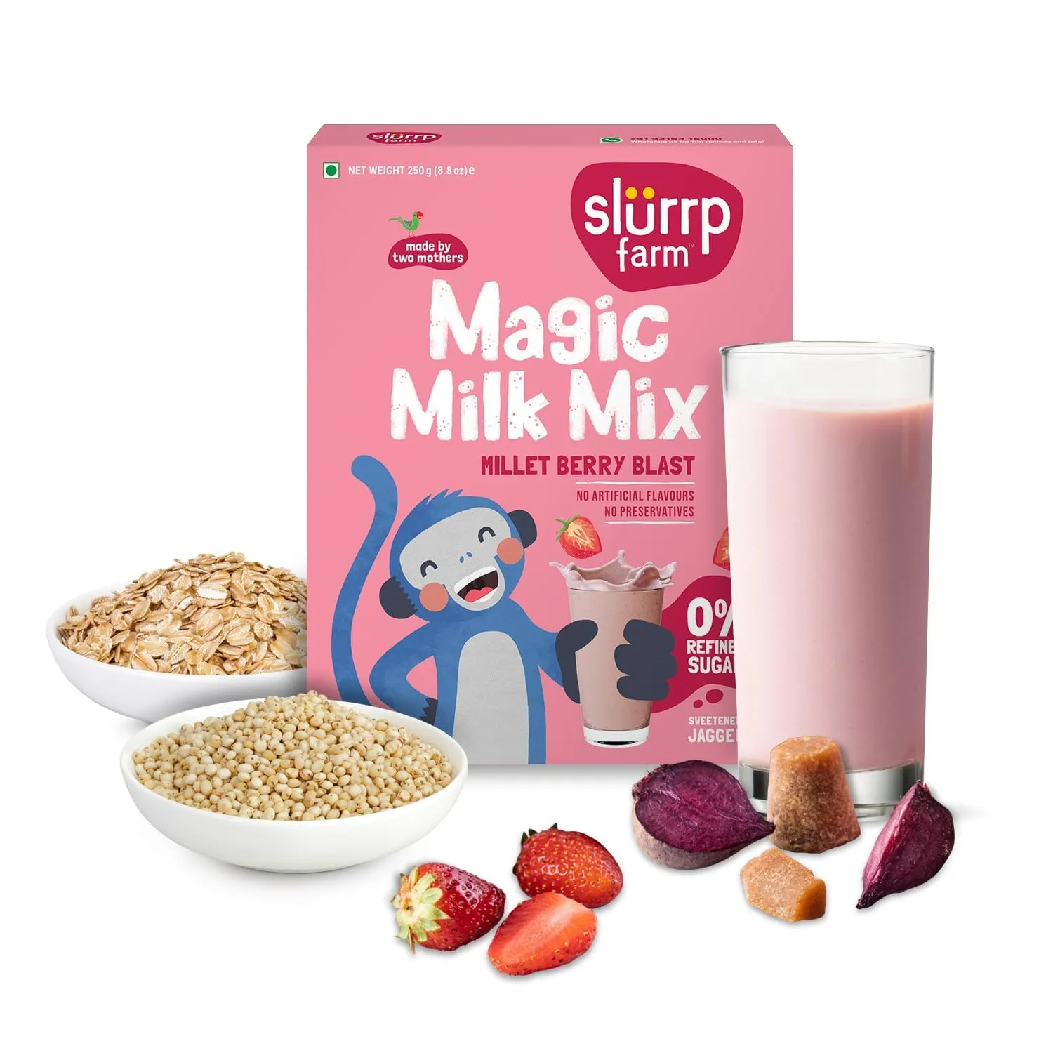Slurrp Farm Magic Milk Mix Powder – Millet Berry Blast | Nutrient Rich Strawberry Drink for Kids | Made with Millets, Oats & Jaggery | No Refined Sugar or Preservatives | 8.82 Oz (250g)
