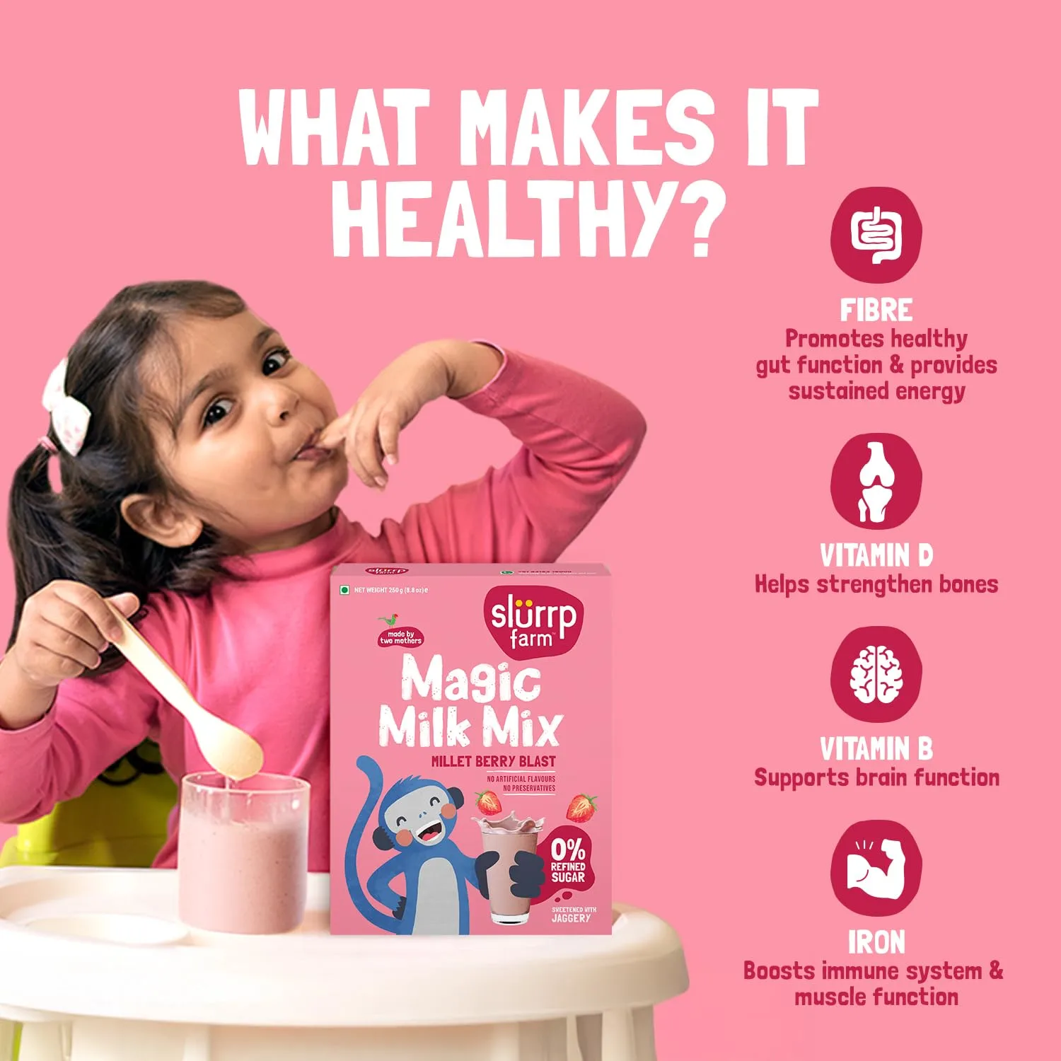 Slurrp Farm Magic Milk Mix Powder – Millet Berry Blast | Nutrient Rich Strawberry Drink for Kids | Made with Millets, Oats & Jaggery | No Refined Sugar or Preservatives | 8.82 Oz (250g)