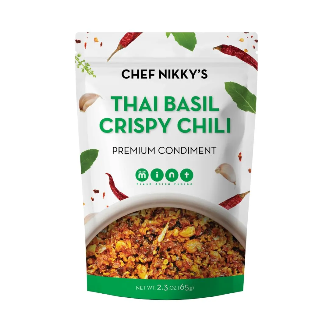 CHEF NIKKY'S THAI BASIL CRISPY CHILI - Thai Basil Flavor - a Premium Hot Sauce with a Nice Chili Crunch - No MSG - Garlic Oil with Chili Crisp, Basil & Thai Chili Peppers.