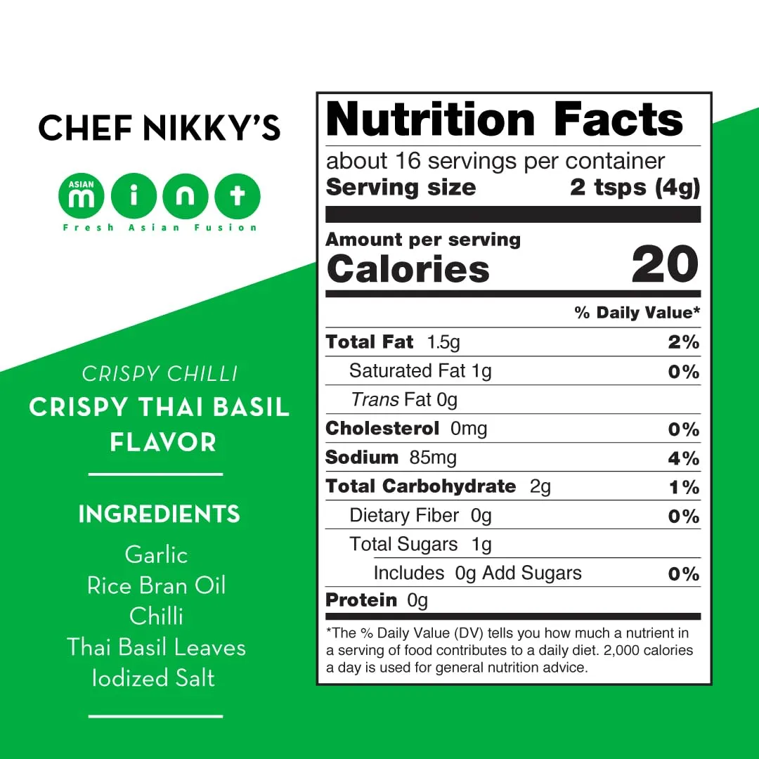 CHEF NIKKY'S THAI BASIL CRISPY CHILI - Thai Basil Flavor - a Premium Hot Sauce with a Nice Chili Crunch - No MSG - Garlic Oil with Chili Crisp, Basil & Thai Chili Peppers.