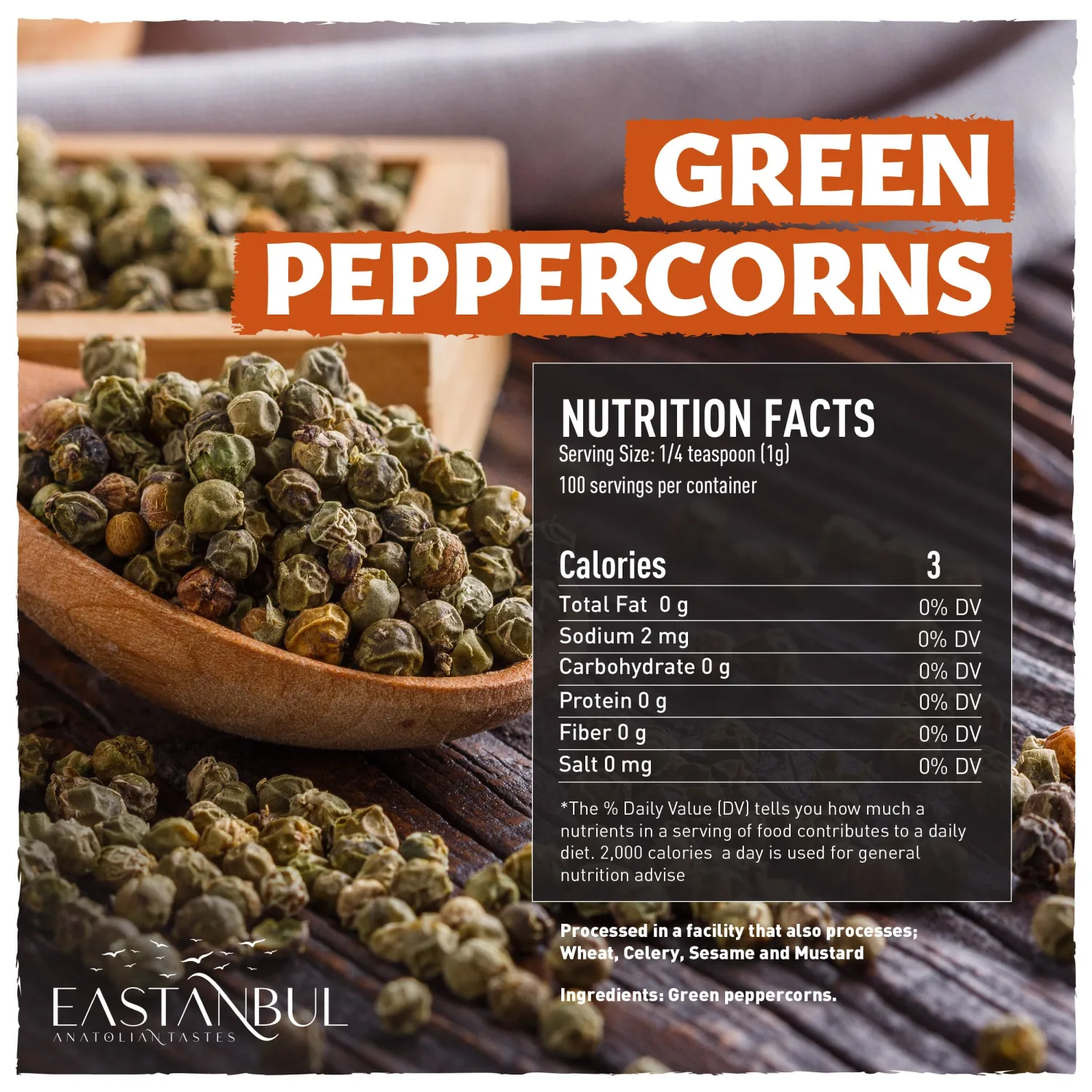 Eastanbul Green Peppercorns, 3.5oz, Whole Green Peppercorns for Grinder Refill, Whole Pepper for Cooking and Seasoning, Perfect for Grinder Refill, Vegan, Gluten Free, Non GMO, No MSG
