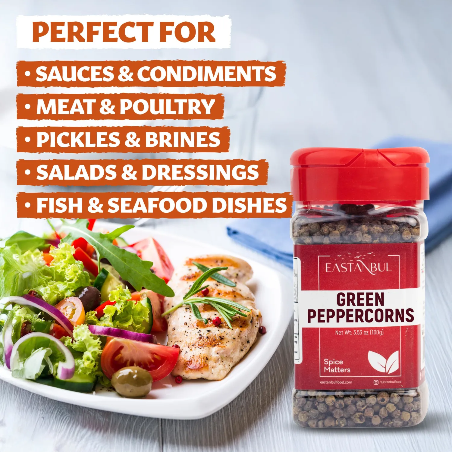 Eastanbul Green Peppercorns, 3.5oz, Whole Green Peppercorns for Grinder Refill, Whole Pepper for Cooking and Seasoning, Perfect for Grinder Refill, Vegan, Gluten Free, Non GMO, No MSG