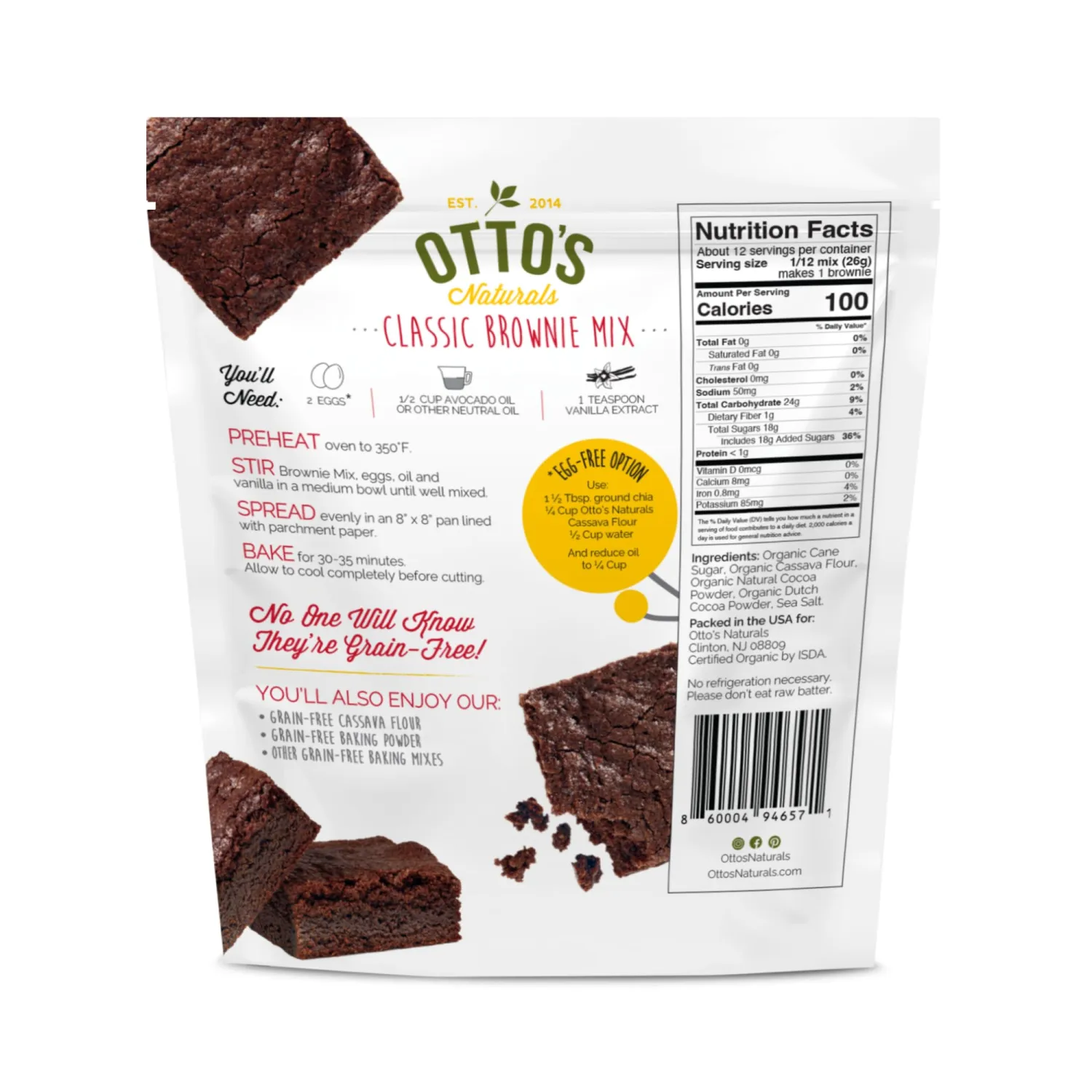 Otto's Naturals Grain-Free Paleo Double Chocolate Brownie Mix, 11.1 Oz., Top 9 Allergen-Free, Organic Cassava Flour, Gluten Free, Non-GMO, Plant-Based