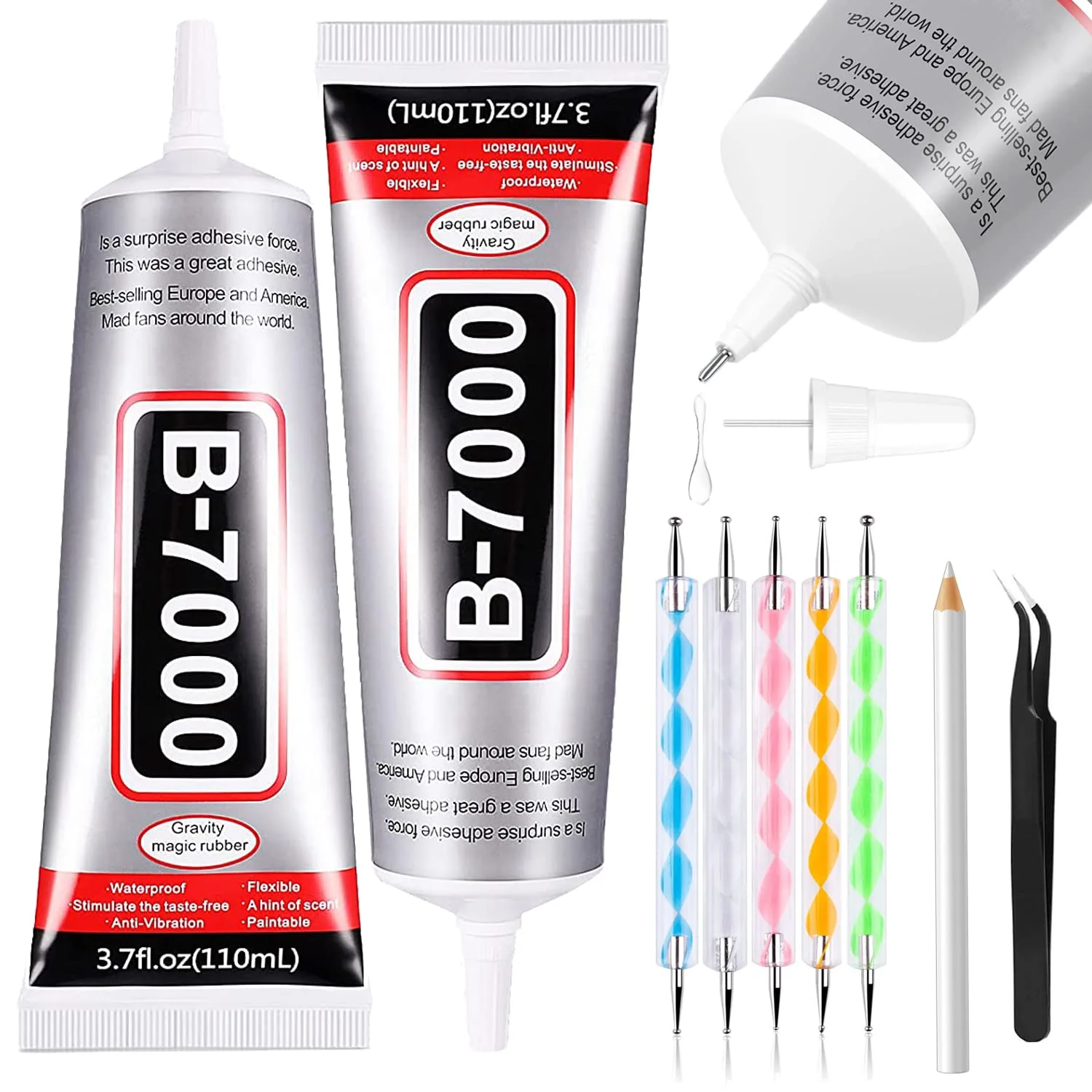 B7000 Adhesive Rhinestones Glue for Crafts, 2PCS 110ml / 3.7 fl oz with 5 Dotting Pen Tool, Wax Pencil and Tweezer, Jewelry Glue for DIY Craft, Makeup, Shoes, Jewelry Making, Nail Art