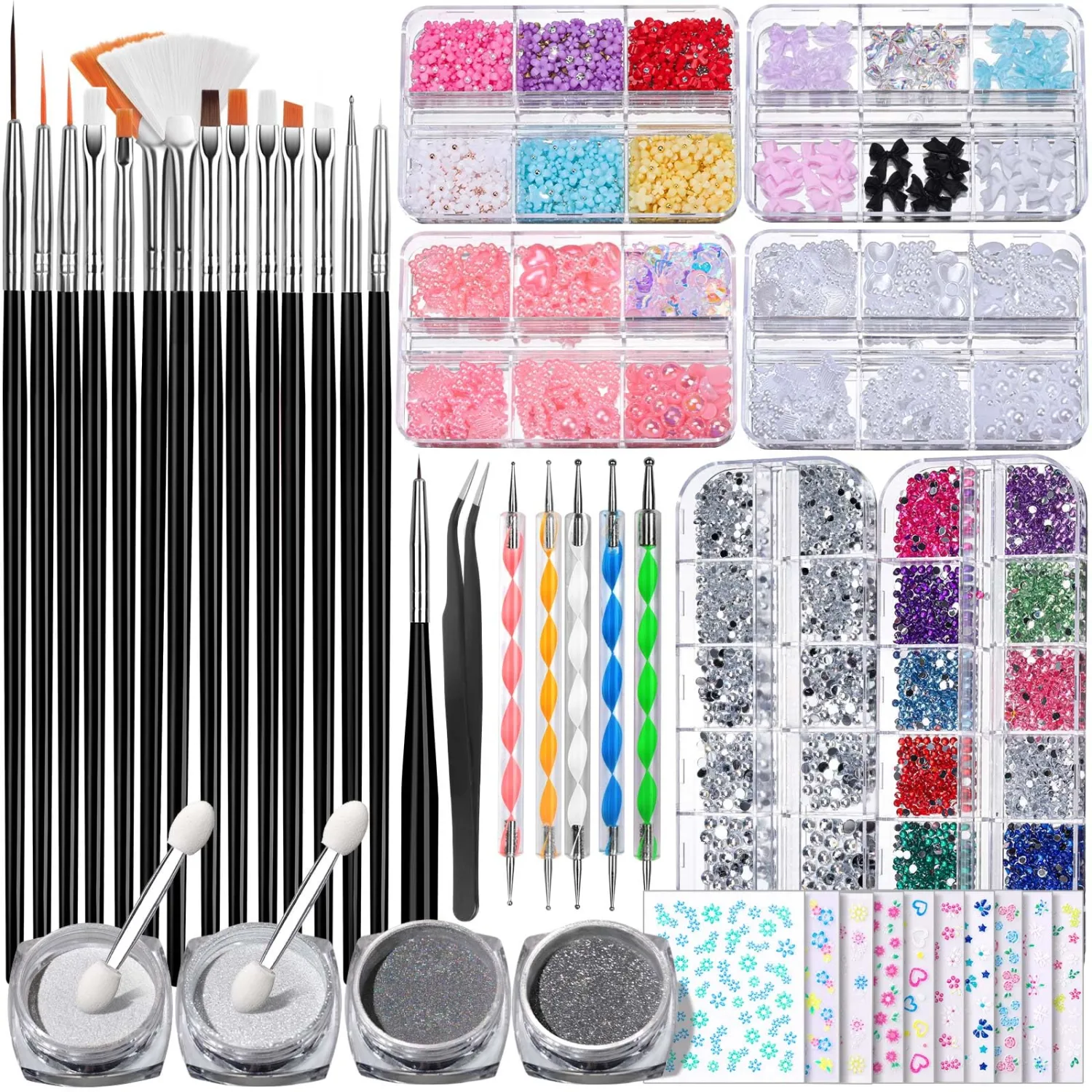 FANDAMEI Nail Art Brushes Set, Nail Art Kits, 3D Nail Charms Nail Design Tools Kit, Nail Set for Beginners ,Nail Dotting Tool, Nail Rhinestones,Chrome Nail Powder,Nail Stickers Nail Art Decoration Kit