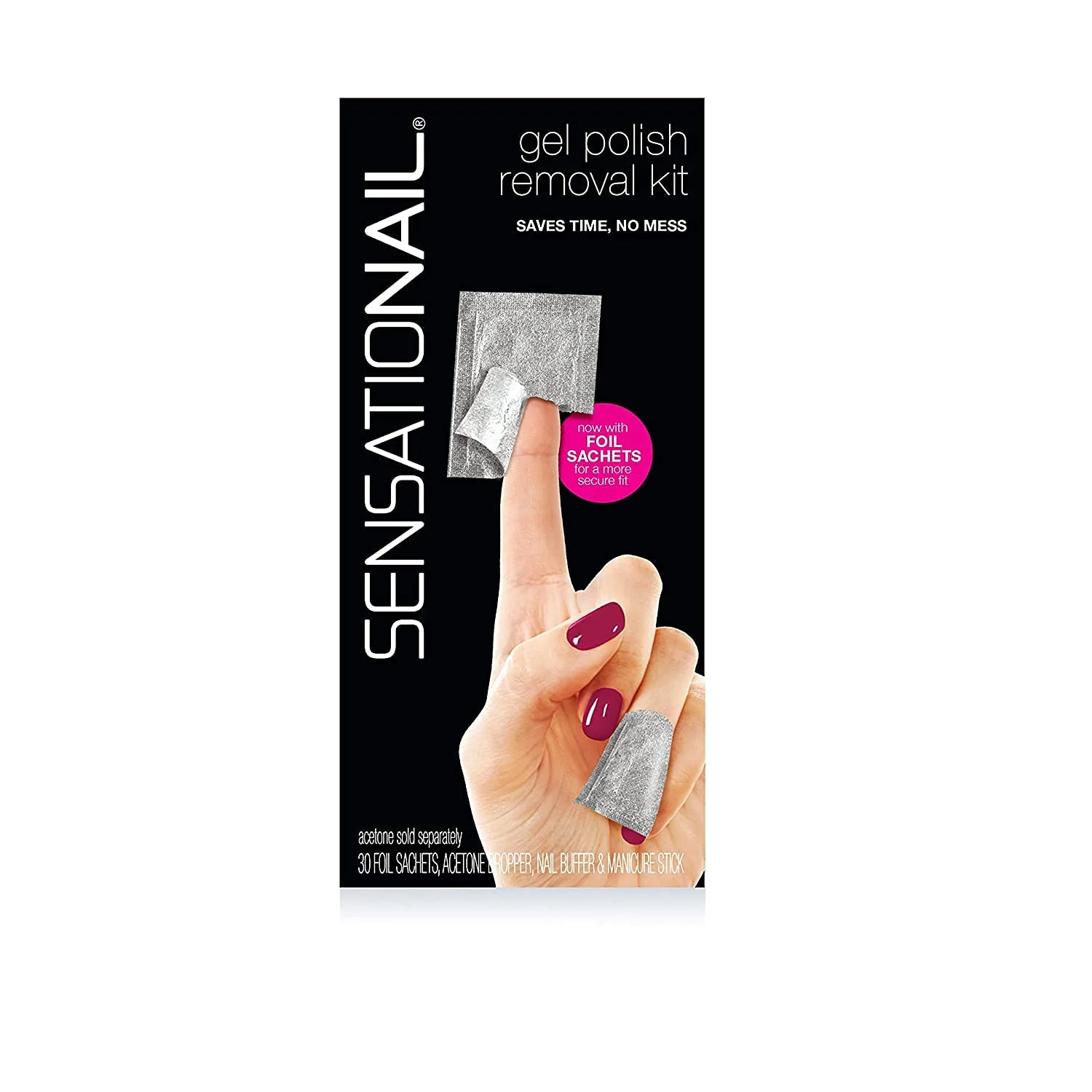 Sensationail Gel Nail Polish Removal Kit, Acetone Dropper, 4-Way Nail Buffer and Manicure Stick, Easily Soak Off without Damage or Hassle, Silver, 30 Count