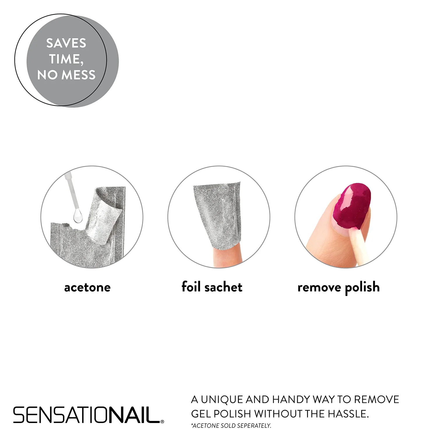 Sensationail Gel Nail Polish Removal Kit, Acetone Dropper, 4-Way Nail Buffer and Manicure Stick, Easily Soak Off without Damage or Hassle, Silver, 30 Count