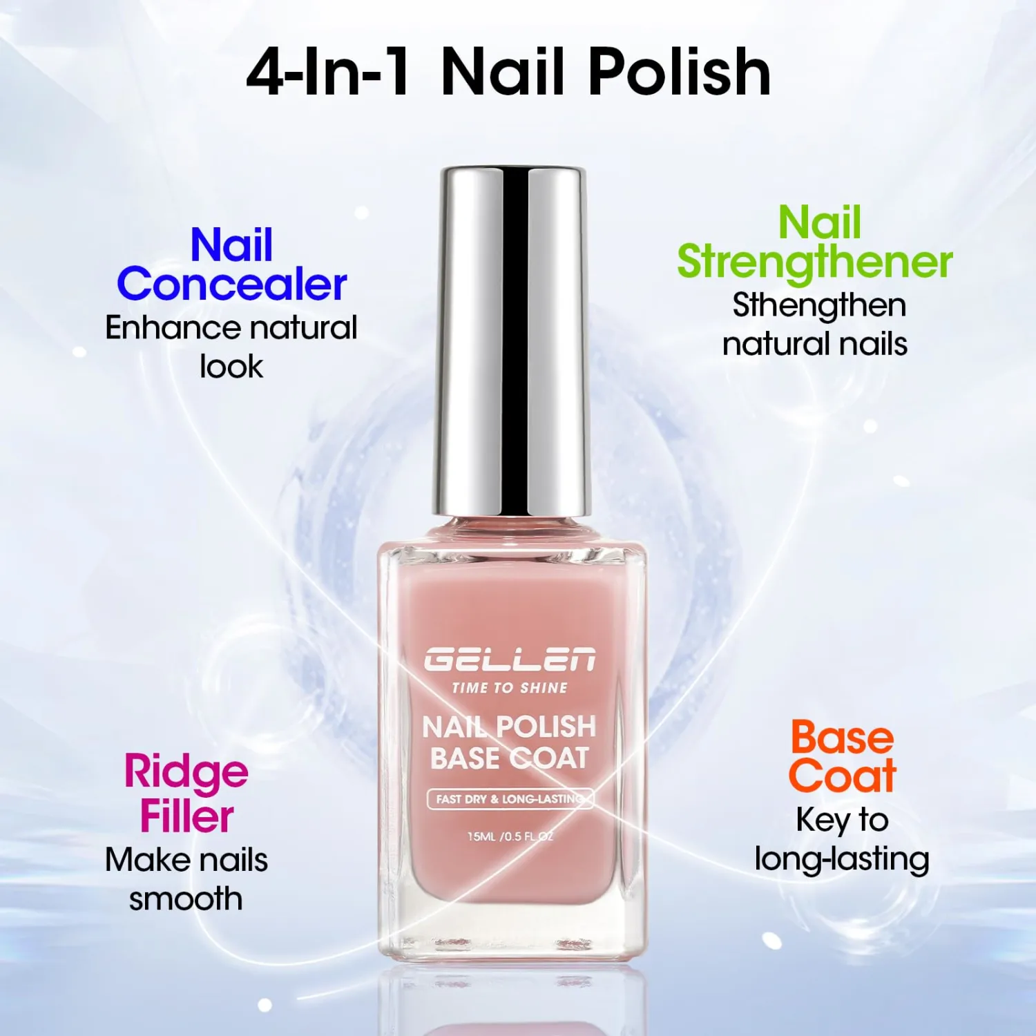 GELLEN Clear Nail Polish Base Coat Tinted Natural Pink, 4-In-1 Non-toxic Sheer Base Coat Strengthens Natural Nails, Quick Dry Pale Pink Regular Nail Polish Non UV Gel, Hema Free, Calcium Formula