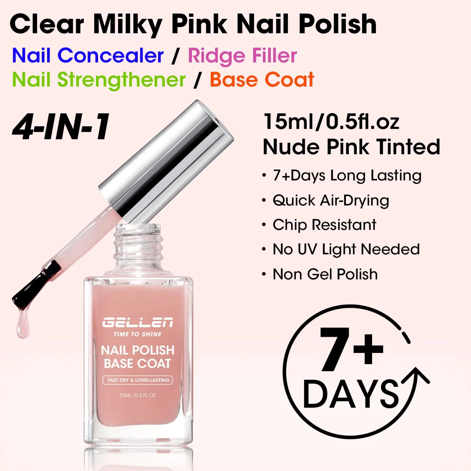 GELLEN Clear Nail Polish Base Coat Tinted Natural Pink, 4-In-1 Non-toxic Sheer Base Coat Strengthens Natural Nails, Quick Dry Pale Pink Regular Nail Polish Non UV Gel, Hema Free, Calcium Formula