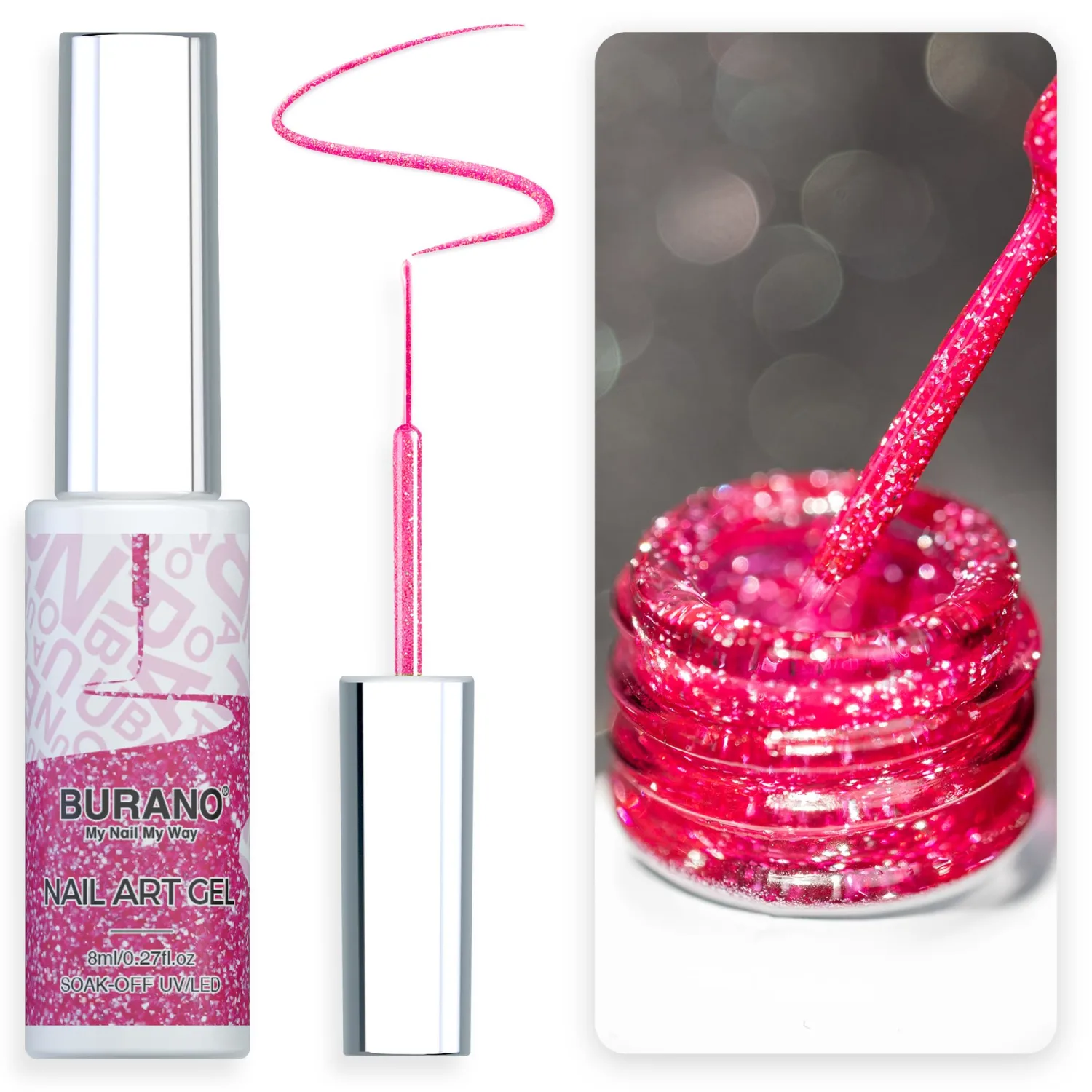 BURANO Holographic Gel Nail Polish Liner Nail Art Polish, Reflective Glitter Painted Design Polish 1 Bottle, Build in Thin Nail Brush Chrome Gel Curing Required 8ml (LX15)
