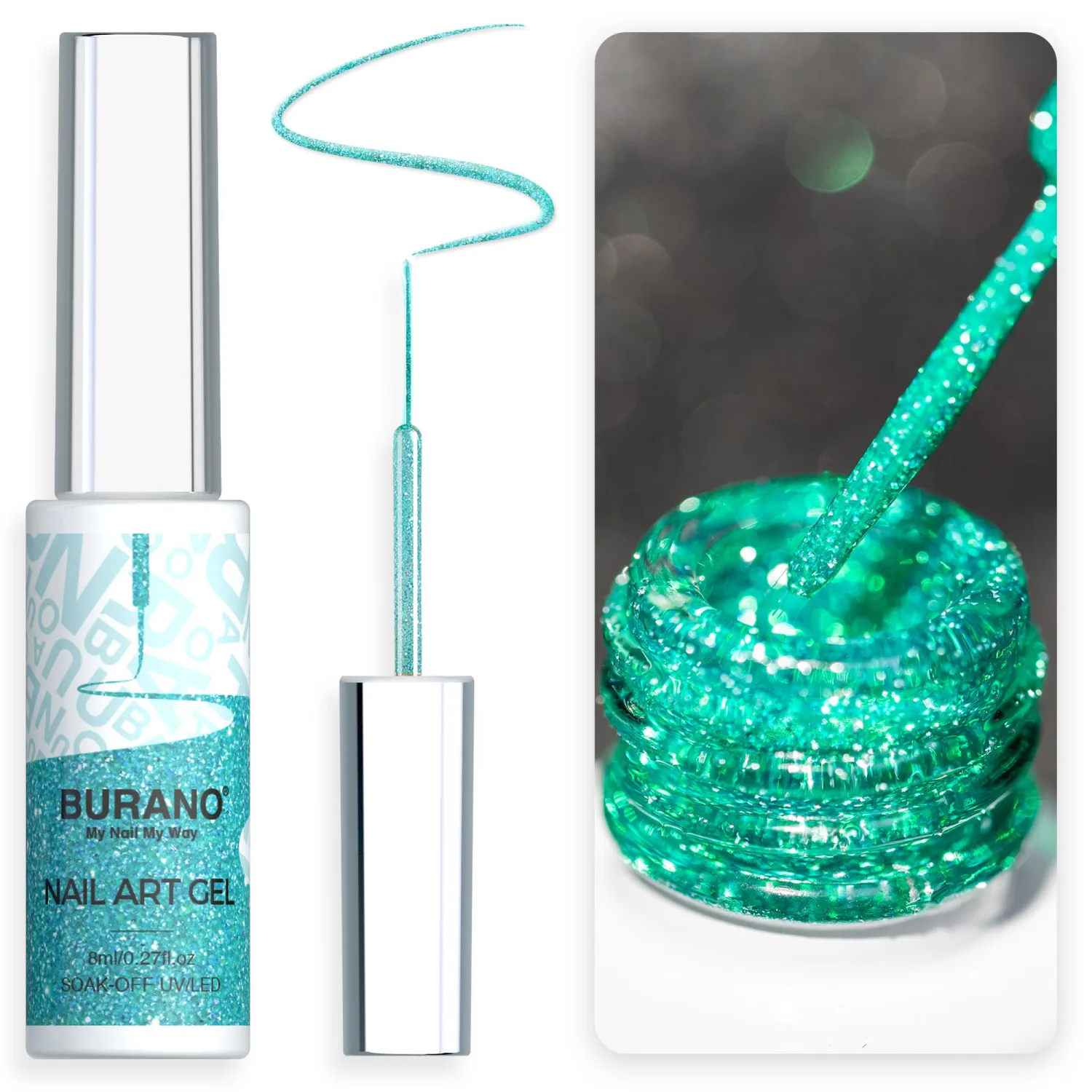 BURANO Holographic Gel Nail Polish Liner Nail Art Polish, Reflective Glitter Painted Gel Nail Design Polish 1 Bottle, Build in Thin Nail Brush Chrome Gel Curing Required 8ml (LX20)