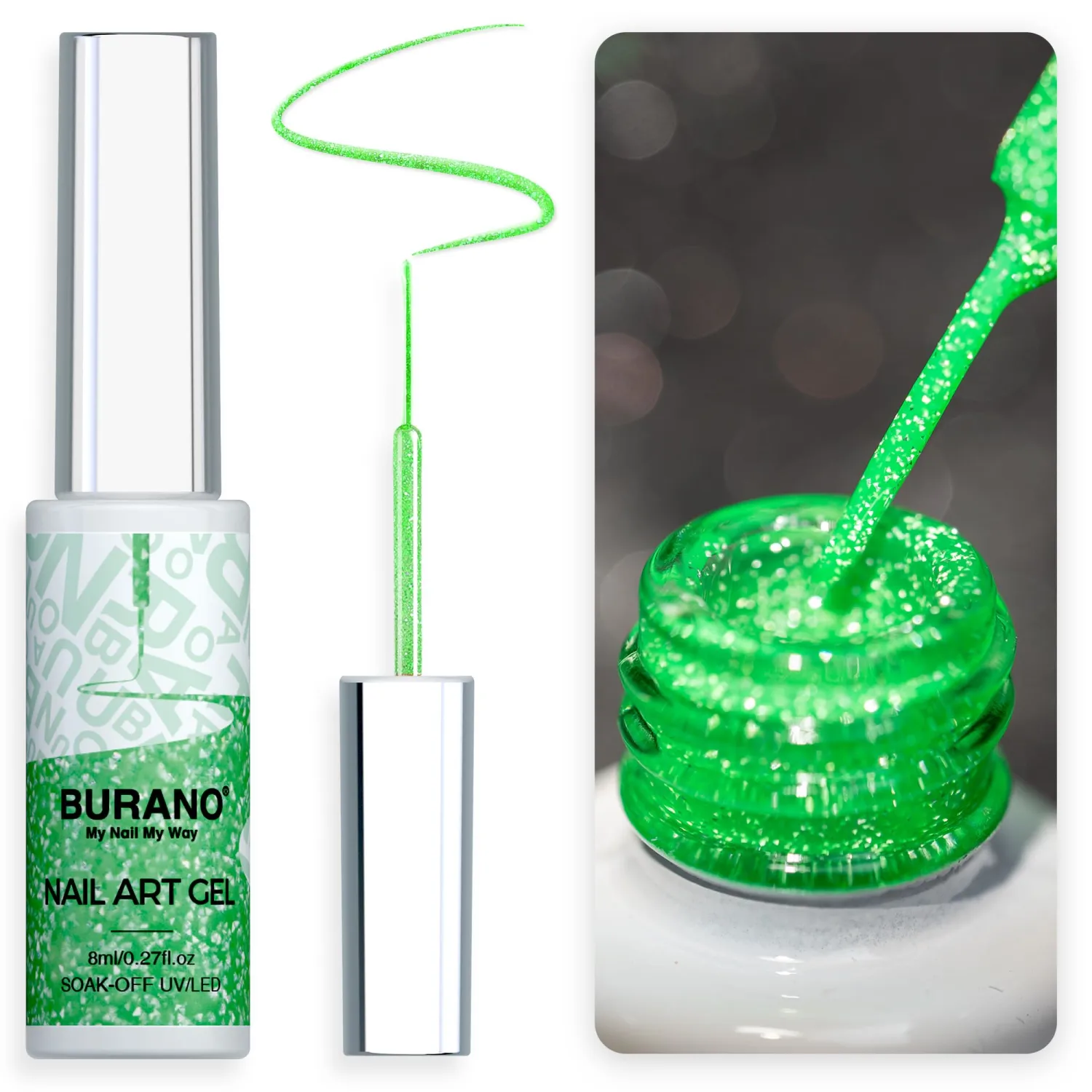 BURANO Holographic Gel Nail Polish Liner Nail Art Polish, Reflective Glitter Painted Gel Nail Design Polish 1 Bottle, Build in Thin Nail Brush Chrome Gel Curing Required 8ml (LX26)