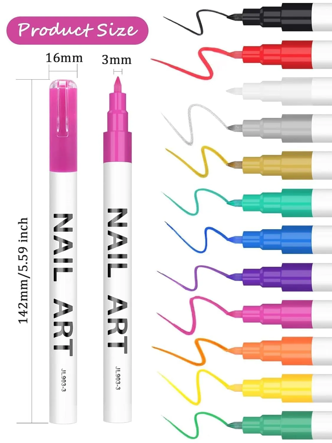 12 Color 3D Nail Art Pens Set, Kalolary 0.7mm Nail Point Graffiti Dotting Pen Drawing Painting Liner Brush for DIY Nail Art Beauty Adorn Manicure Tools